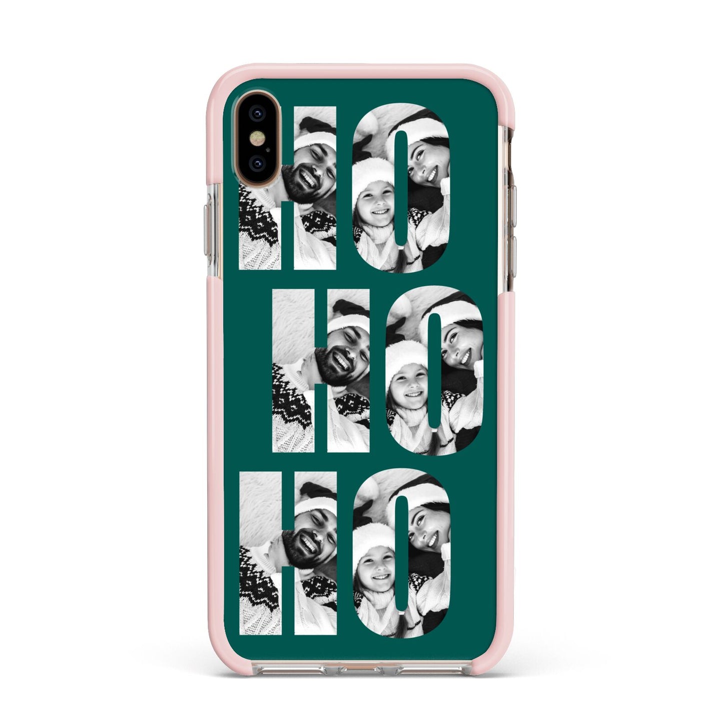 Green Ho Ho Ho Photo Upload Christmas Apple iPhone Xs Max Impact Case Pink Edge on Gold Phone