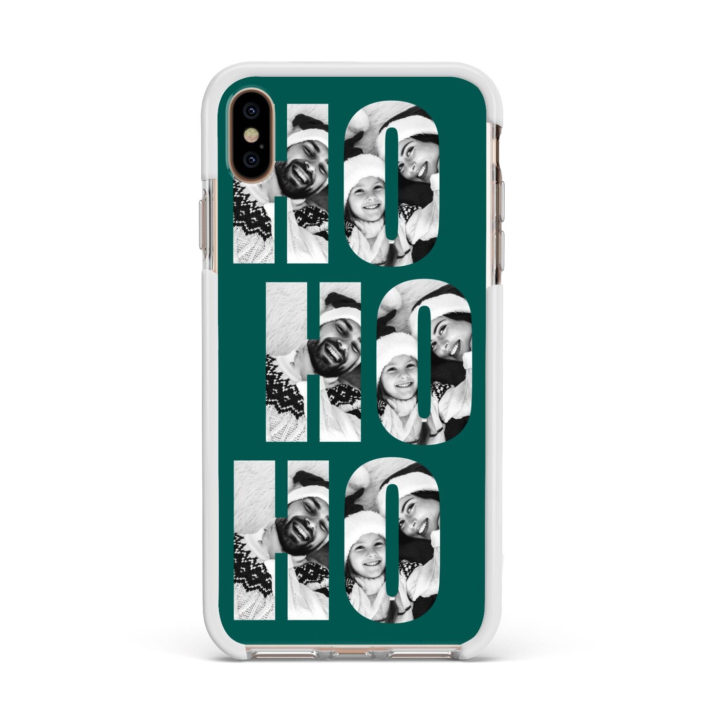 Green Ho Ho Ho Photo Upload Christmas Apple iPhone Xs Max Impact Case White Edge on Gold Phone