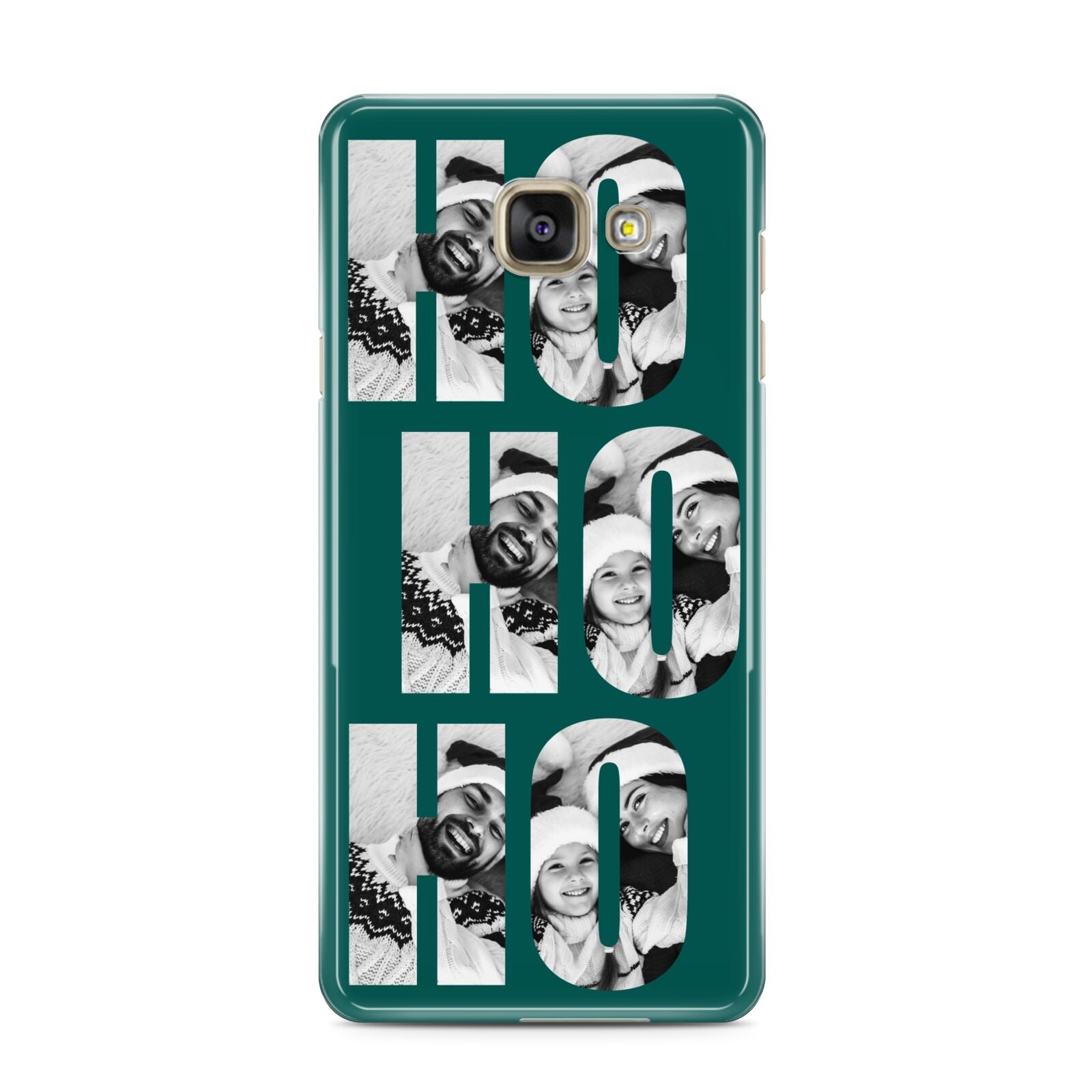 Green Ho Ho Ho Photo Upload Christmas Samsung Galaxy A3 2016 Case on gold phone