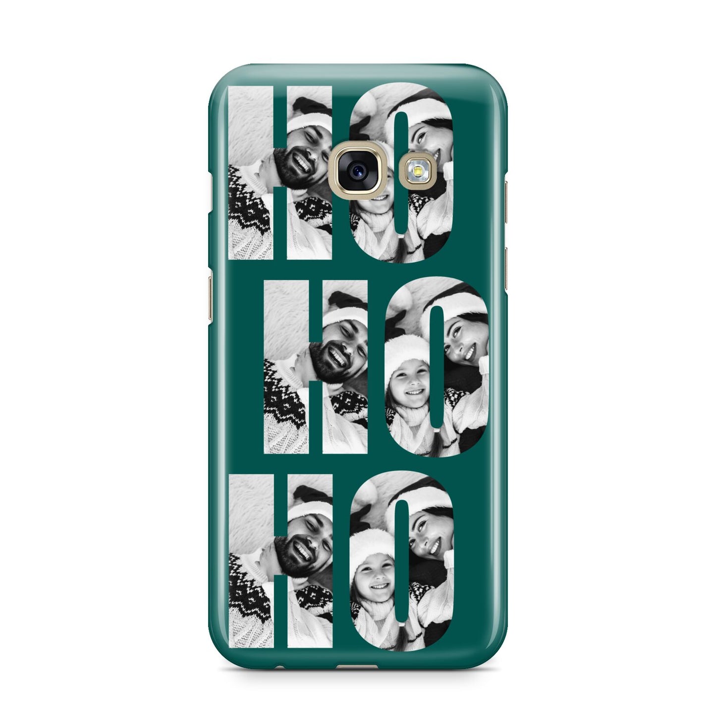 Green Ho Ho Ho Photo Upload Christmas Samsung Galaxy A3 2017 Case on gold phone