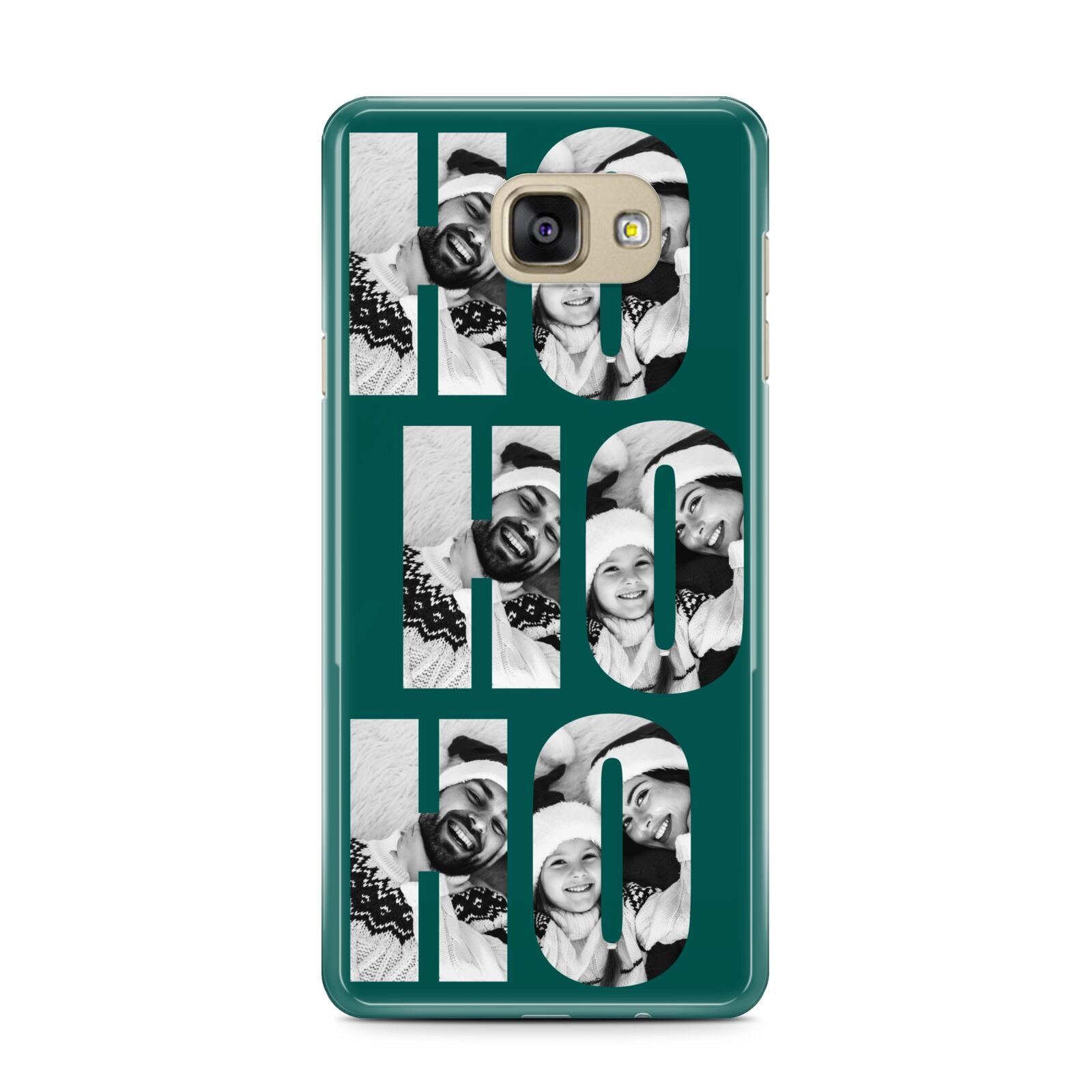 Green Ho Ho Ho Photo Upload Christmas Samsung Galaxy A7 2016 Case on gold phone