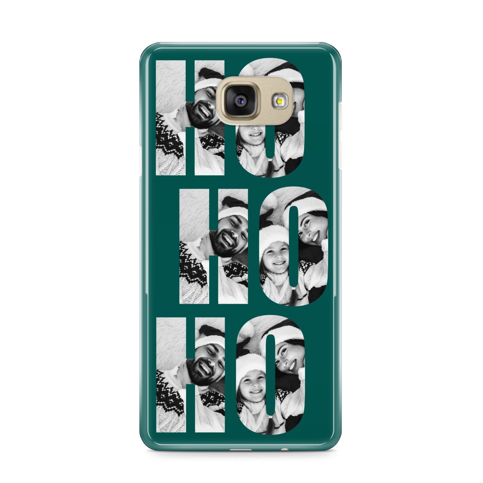 Green Ho Ho Ho Photo Upload Christmas Samsung Galaxy A9 2016 Case on gold phone