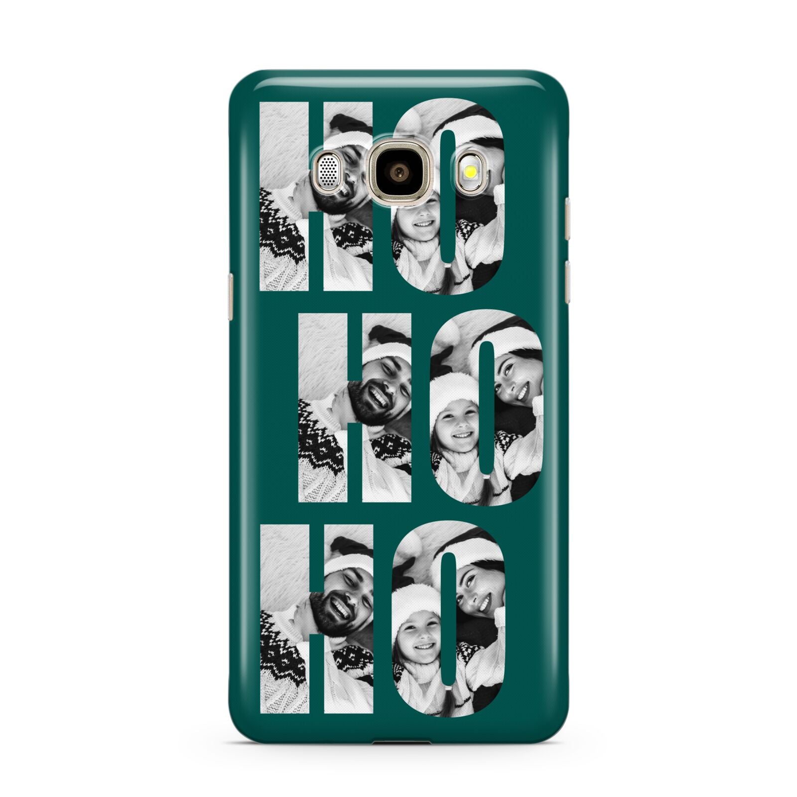 Green Ho Ho Ho Photo Upload Christmas Samsung Galaxy J7 2016 Case on gold phone