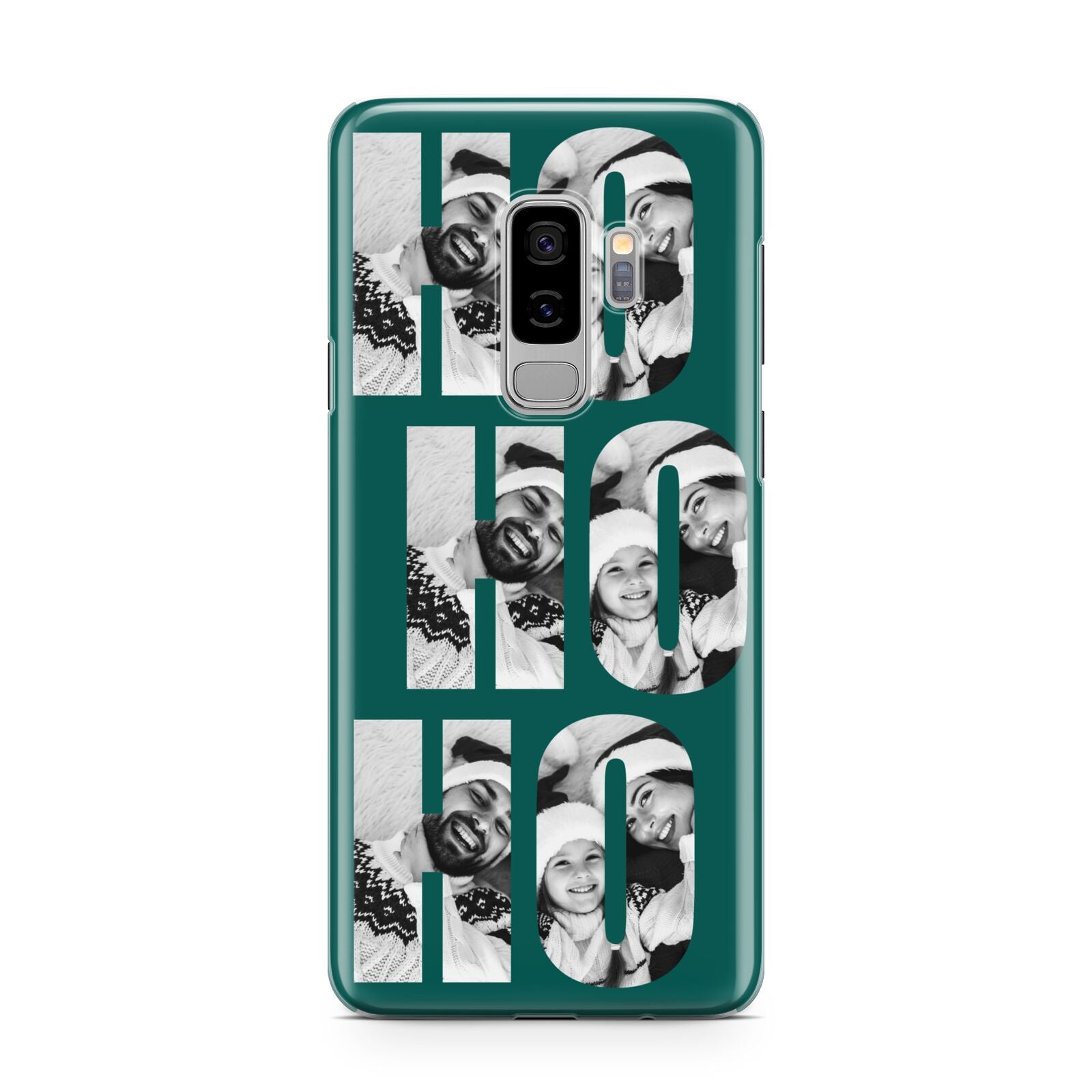 Green Ho Ho Ho Photo Upload Christmas Samsung Galaxy S9 Plus Case on Silver phone