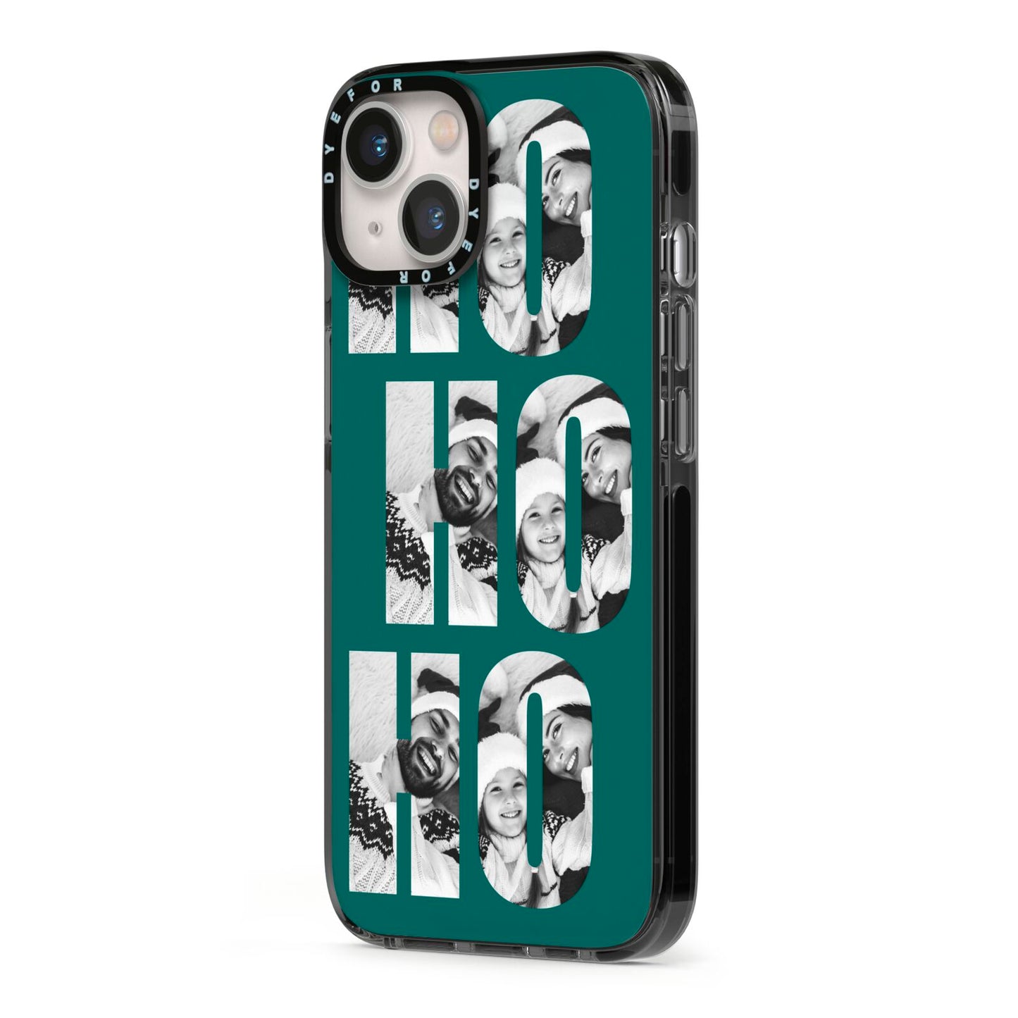 Green Ho Ho Ho Photo Upload Christmas iPhone 13 Black Impact Case Side Angle on Silver phone