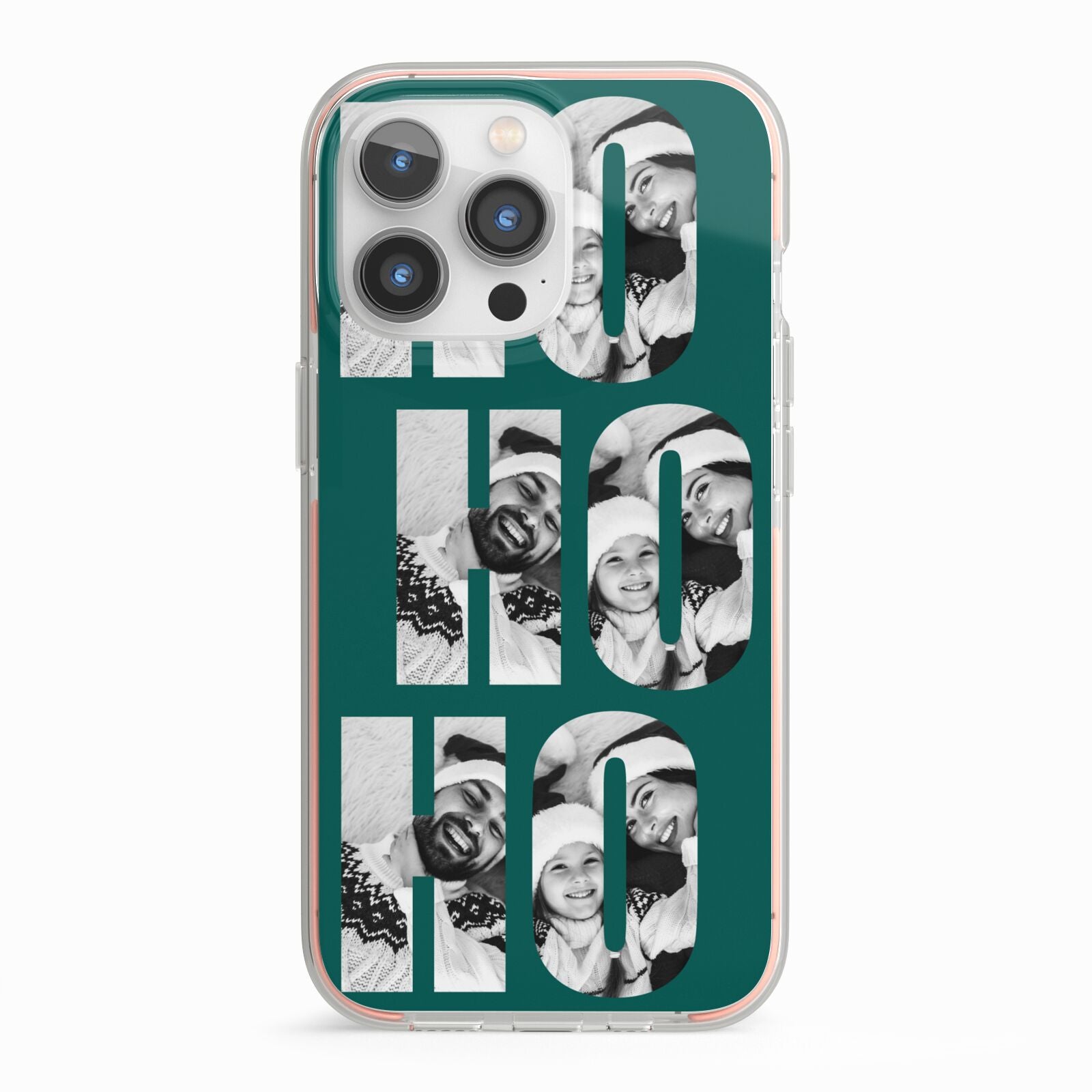 Green Ho Ho Ho Photo Upload Christmas iPhone 13 Pro TPU Impact Case with Pink Edges