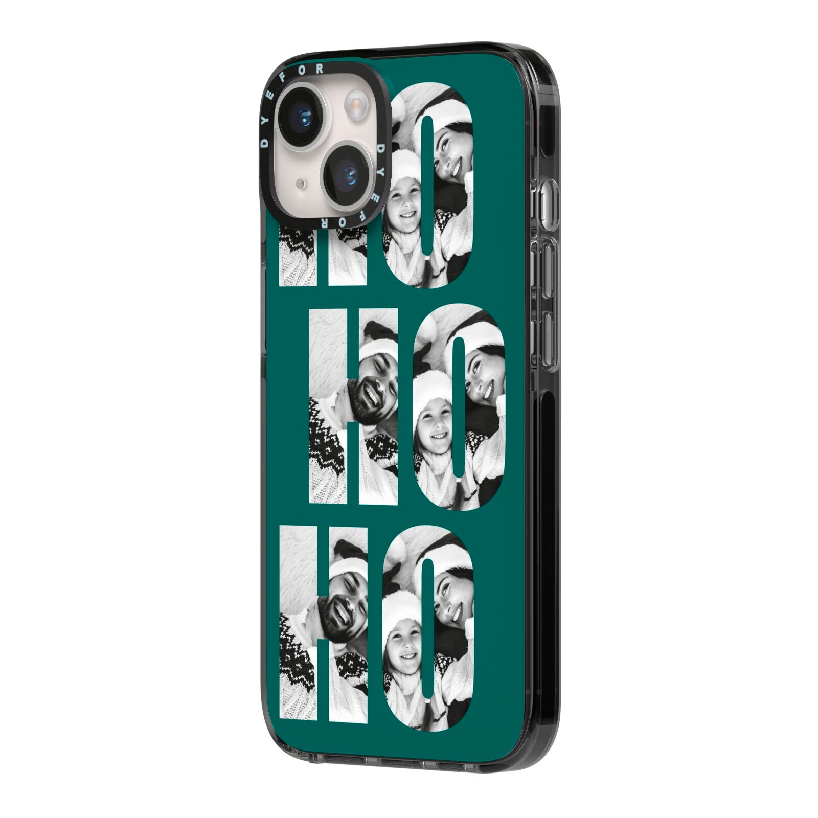 Green Ho Ho Ho Photo Upload Christmas iPhone 14 Black Impact Case Side Angle on Silver phone