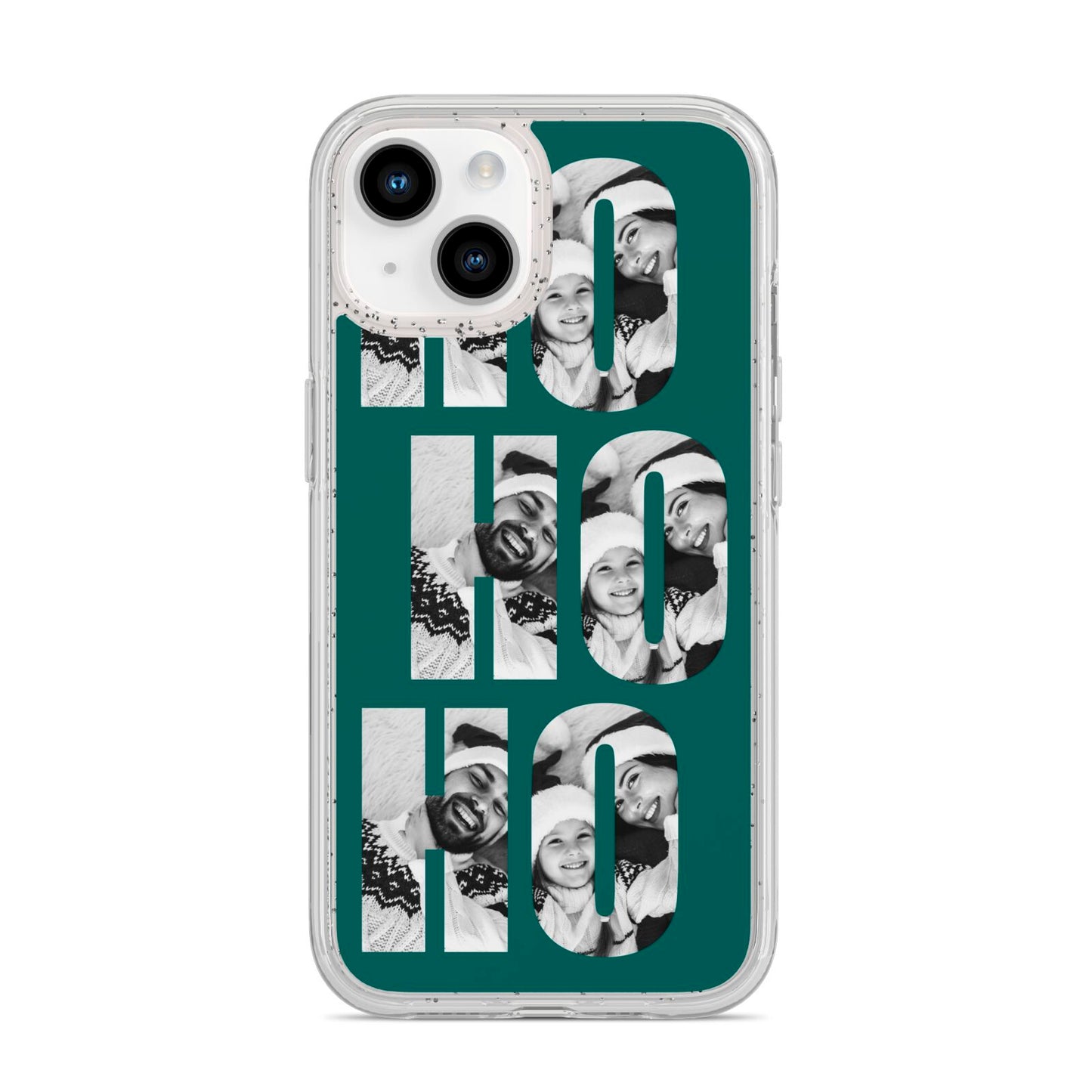 Green Ho Ho Ho Photo Upload Christmas iPhone 14 Glitter Tough Case Starlight