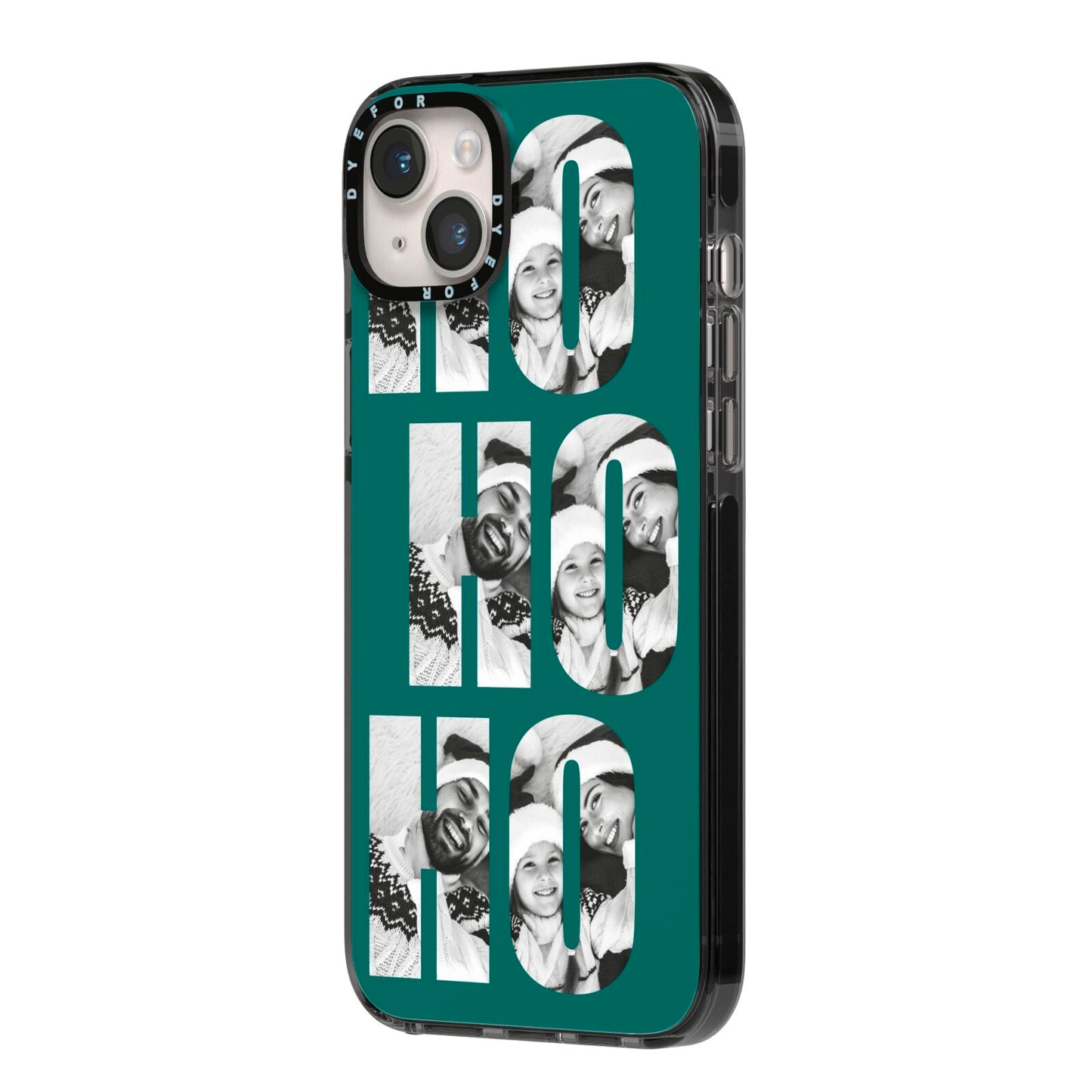 Green Ho Ho Ho Photo Upload Christmas iPhone 14 Plus Black Impact Case Side Angle on Silver phone