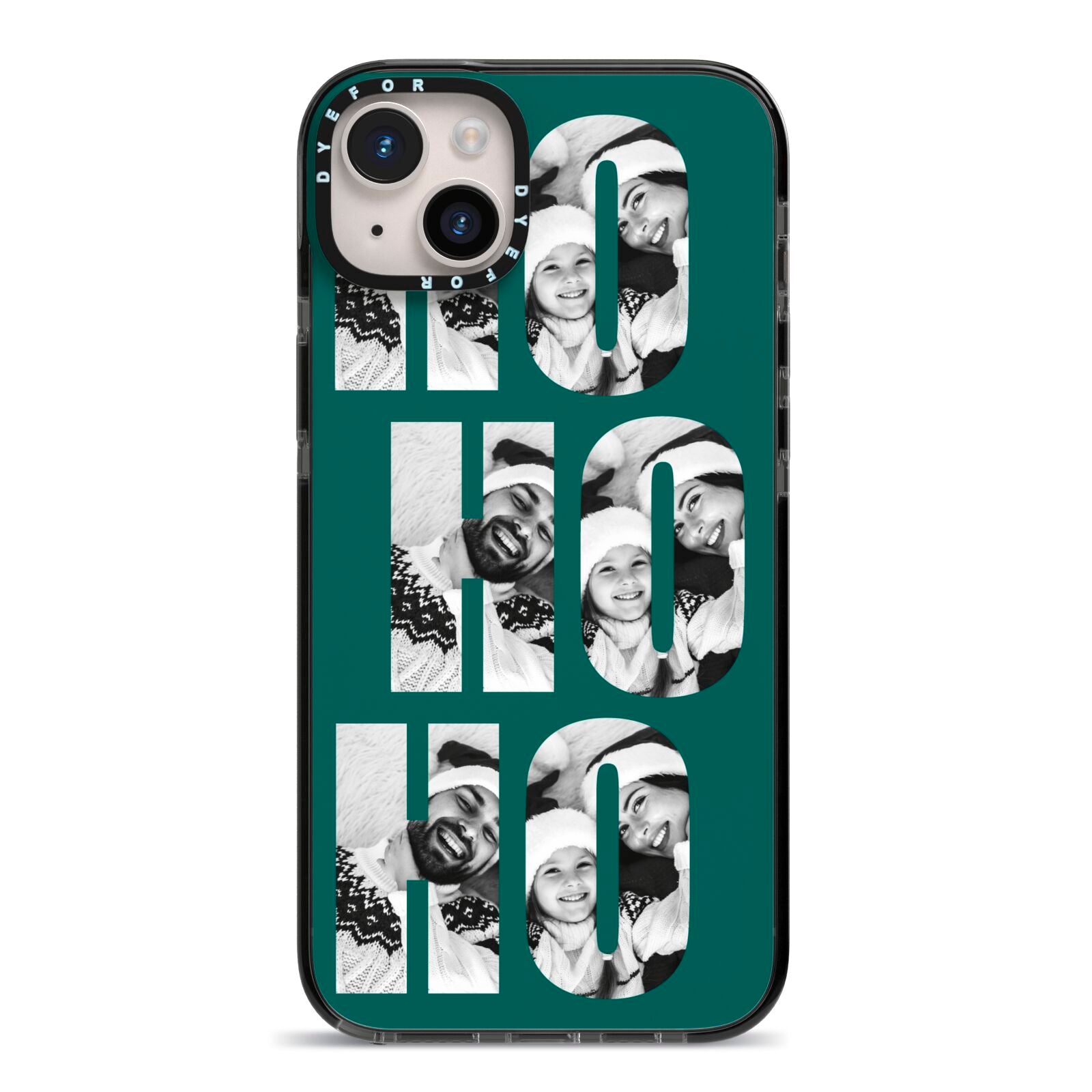 Green Ho Ho Ho Photo Upload Christmas iPhone 14 Plus Black Impact Case on Silver phone