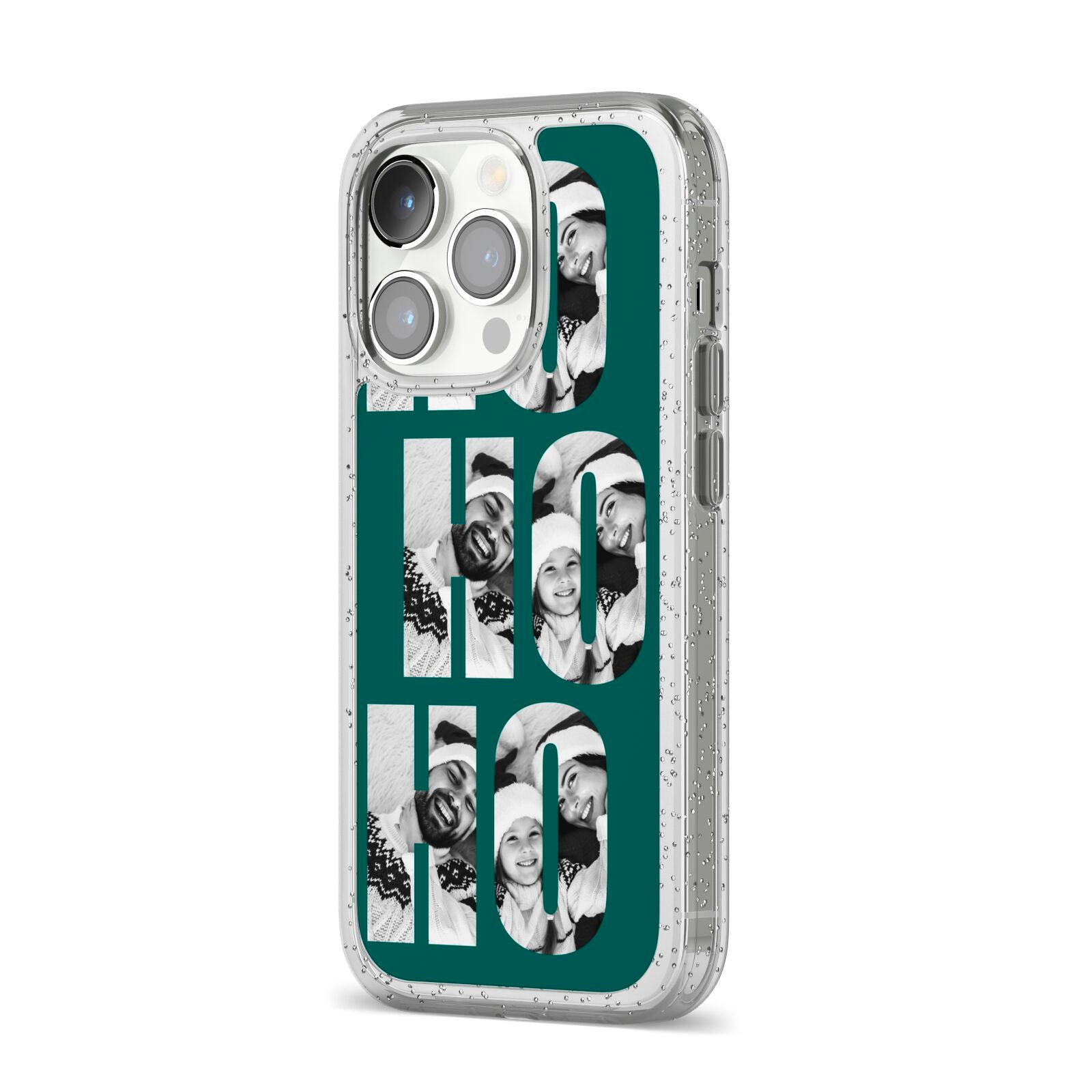 Green Ho Ho Ho Photo Upload Christmas iPhone 14 Pro Glitter Tough Case Silver Angled Image