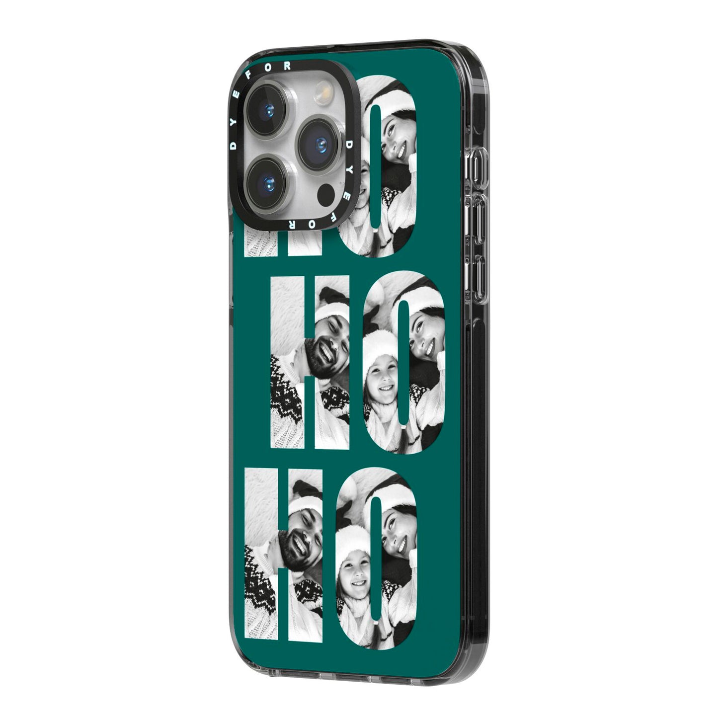 Green Ho Ho Ho Photo Upload Christmas iPhone 14 Pro Max Black Impact Case Side Angle on Silver phone