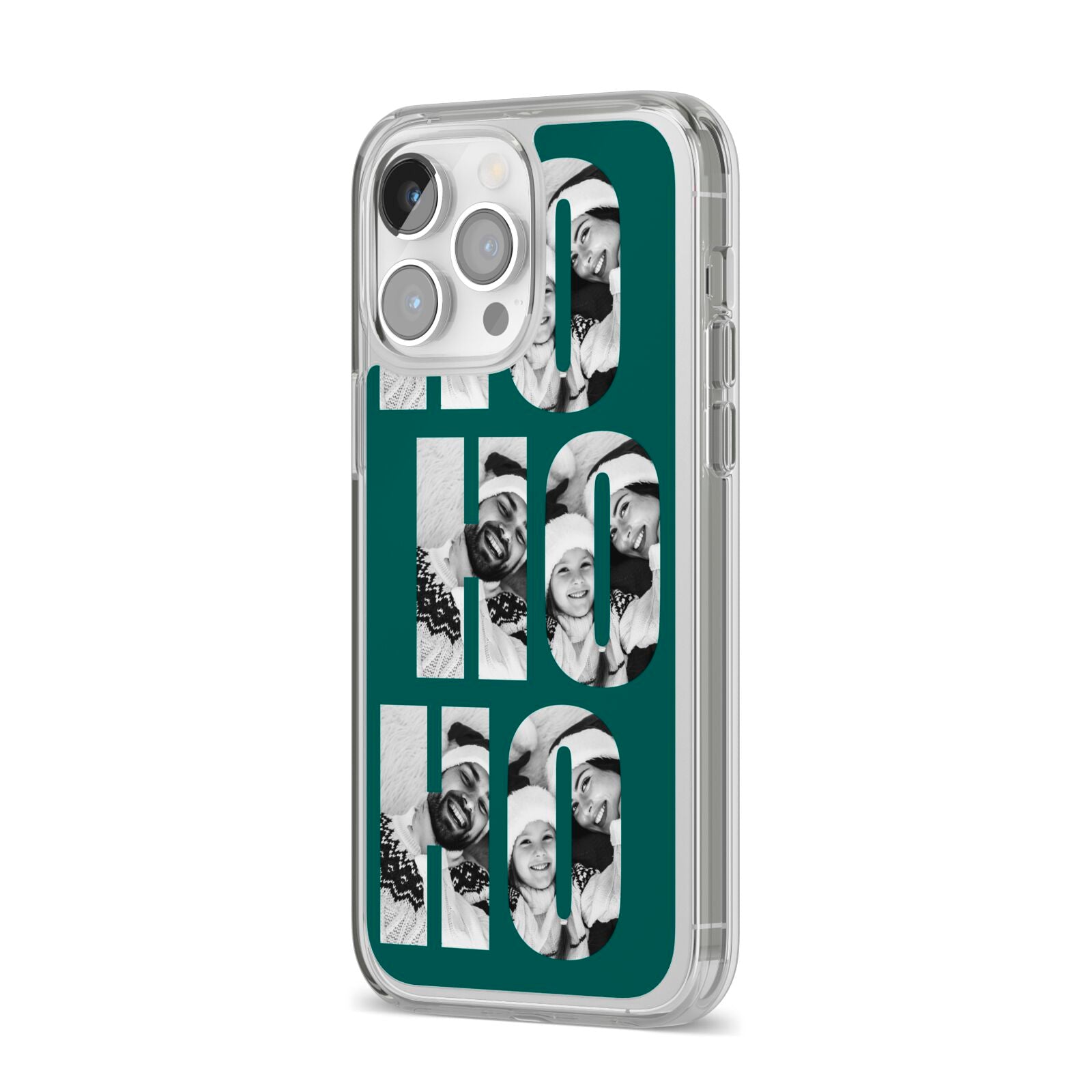 Green Ho Ho Ho Photo Upload Christmas iPhone 14 Pro Max Clear Tough Case Silver Angled Image