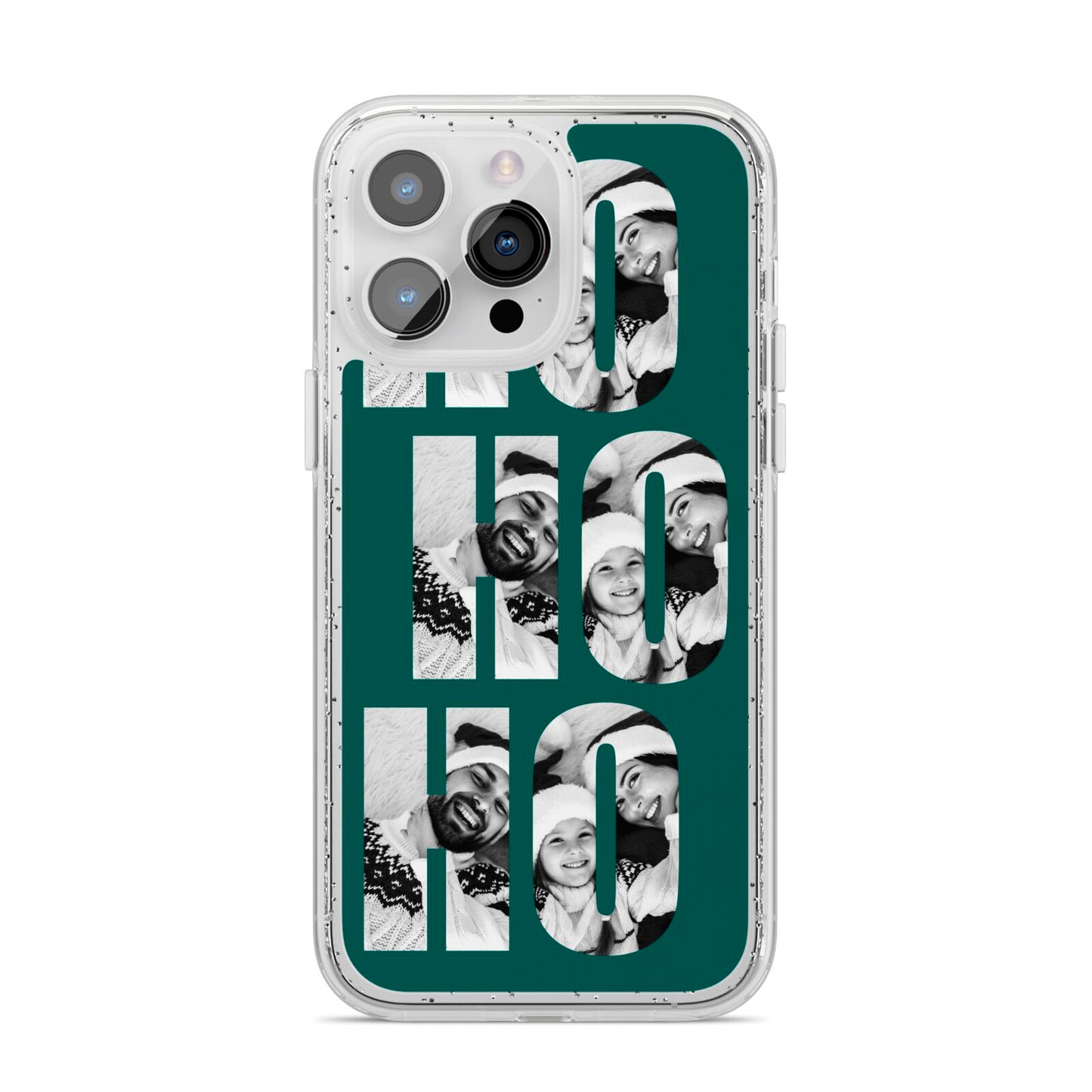 Green Ho Ho Ho Photo Upload Christmas iPhone 14 Pro Max Glitter Tough Case Silver