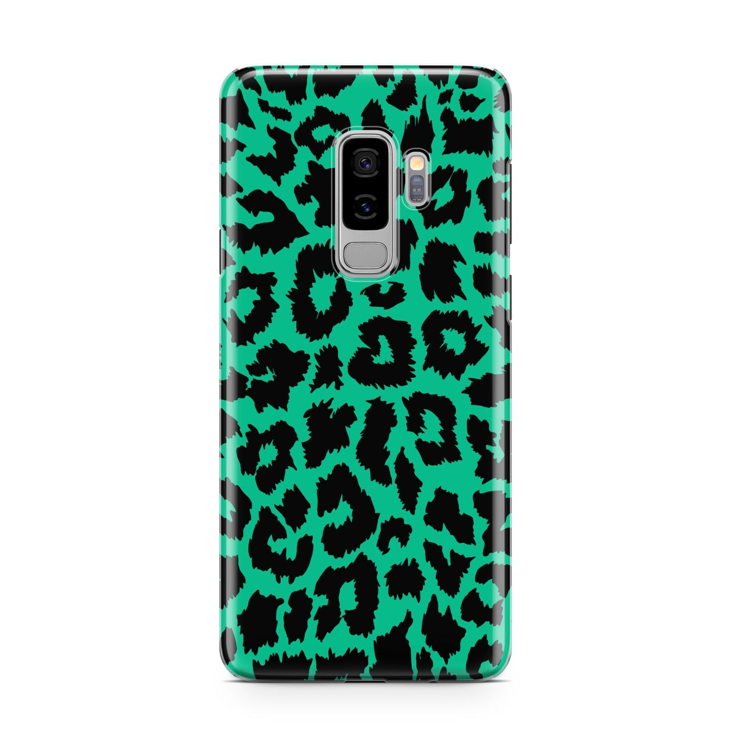 Green Leopard Print Samsung Galaxy S9 Plus Case on Silver phone