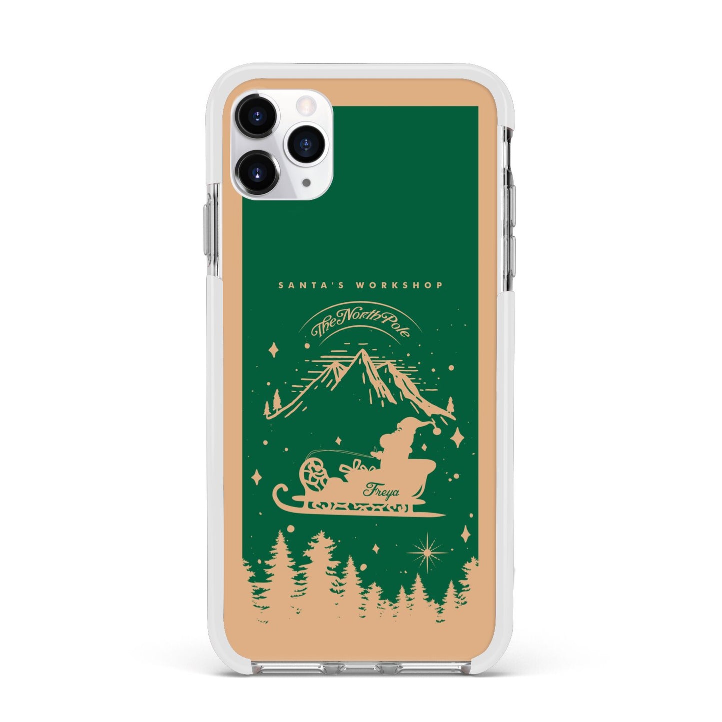 Green Personalised Santas Sleigh Apple iPhone 11 Pro Max in Silver with White Impact Case