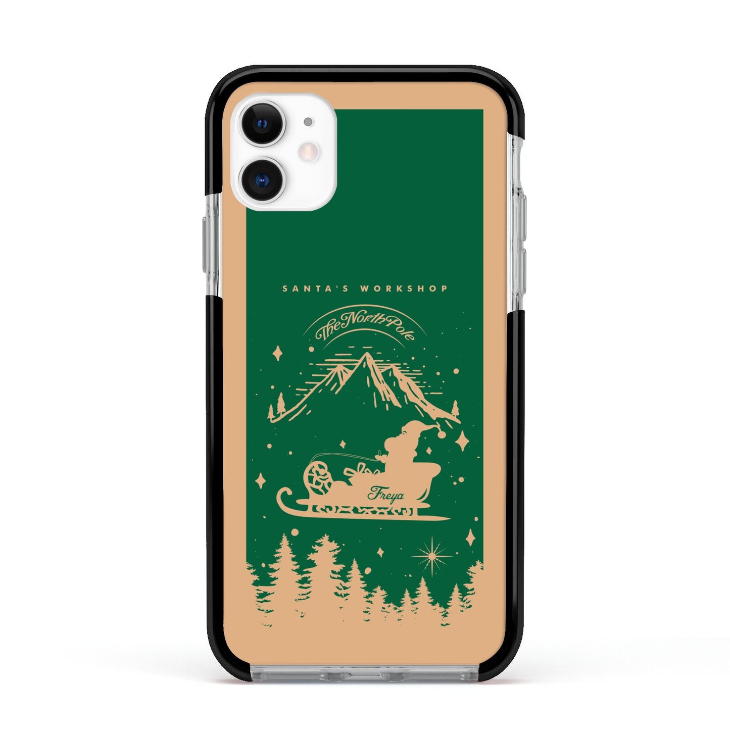 Green Personalised Santas Sleigh Apple iPhone 11 in White with Black Impact Case