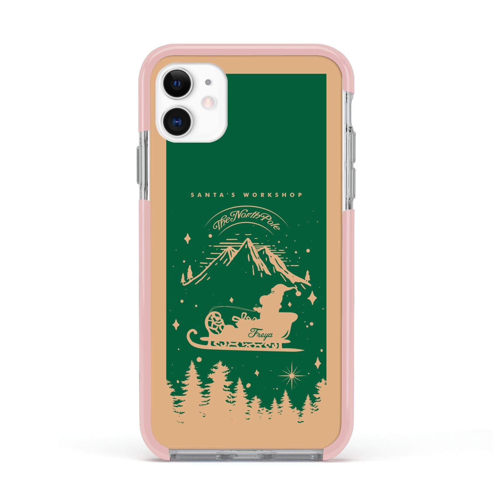 Green Personalised Santas Sleigh Apple iPhone 11 in White with Pink Impact Case