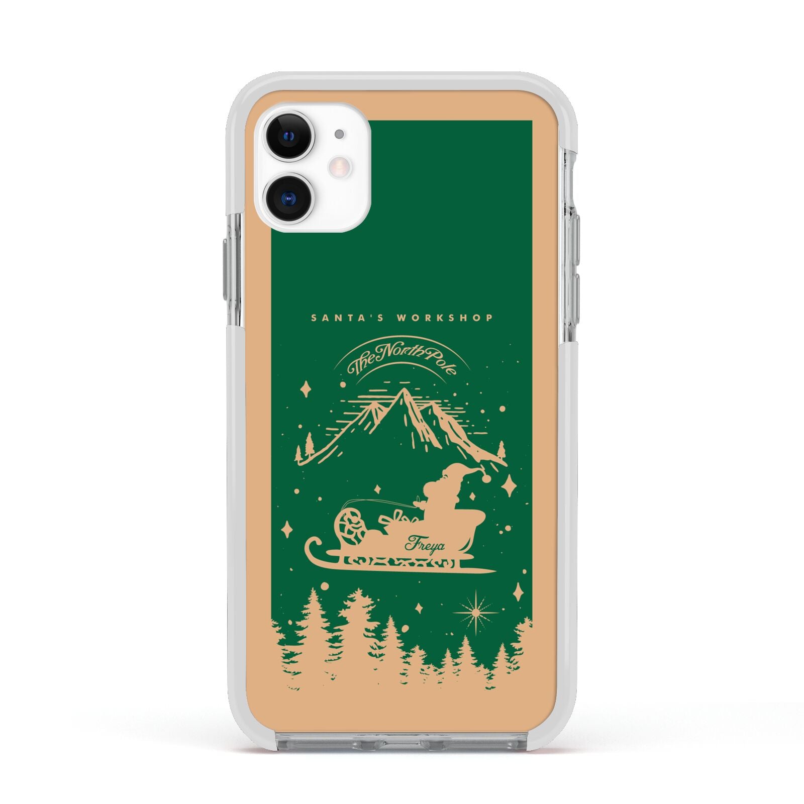 Green Personalised Santas Sleigh Apple iPhone 11 in White with White Impact Case