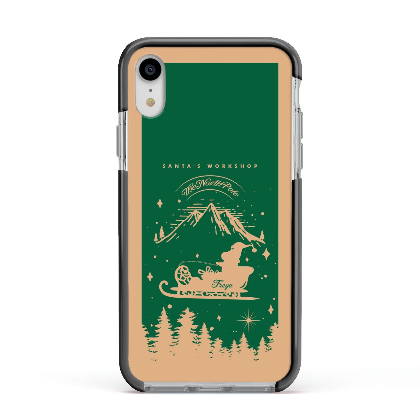 Green Personalised Santas Sleigh Apple iPhone XR Impact Case Black Edge on Silver Phone