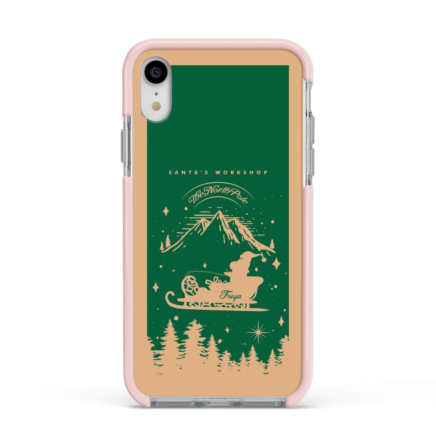 Green Personalised Santas Sleigh Apple iPhone XR Impact Case Pink Edge on Silver Phone