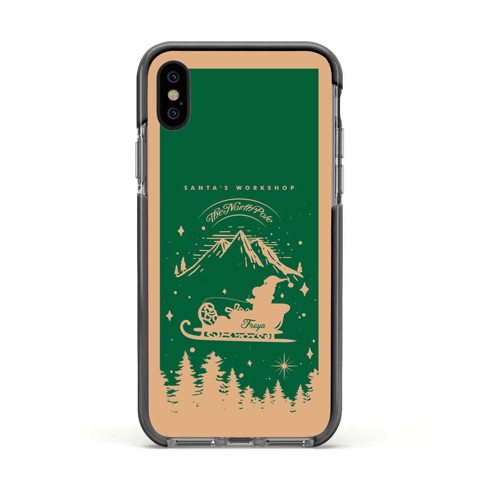 Green Personalised Santas Sleigh Apple iPhone Xs Impact Case Black Edge on Black Phone