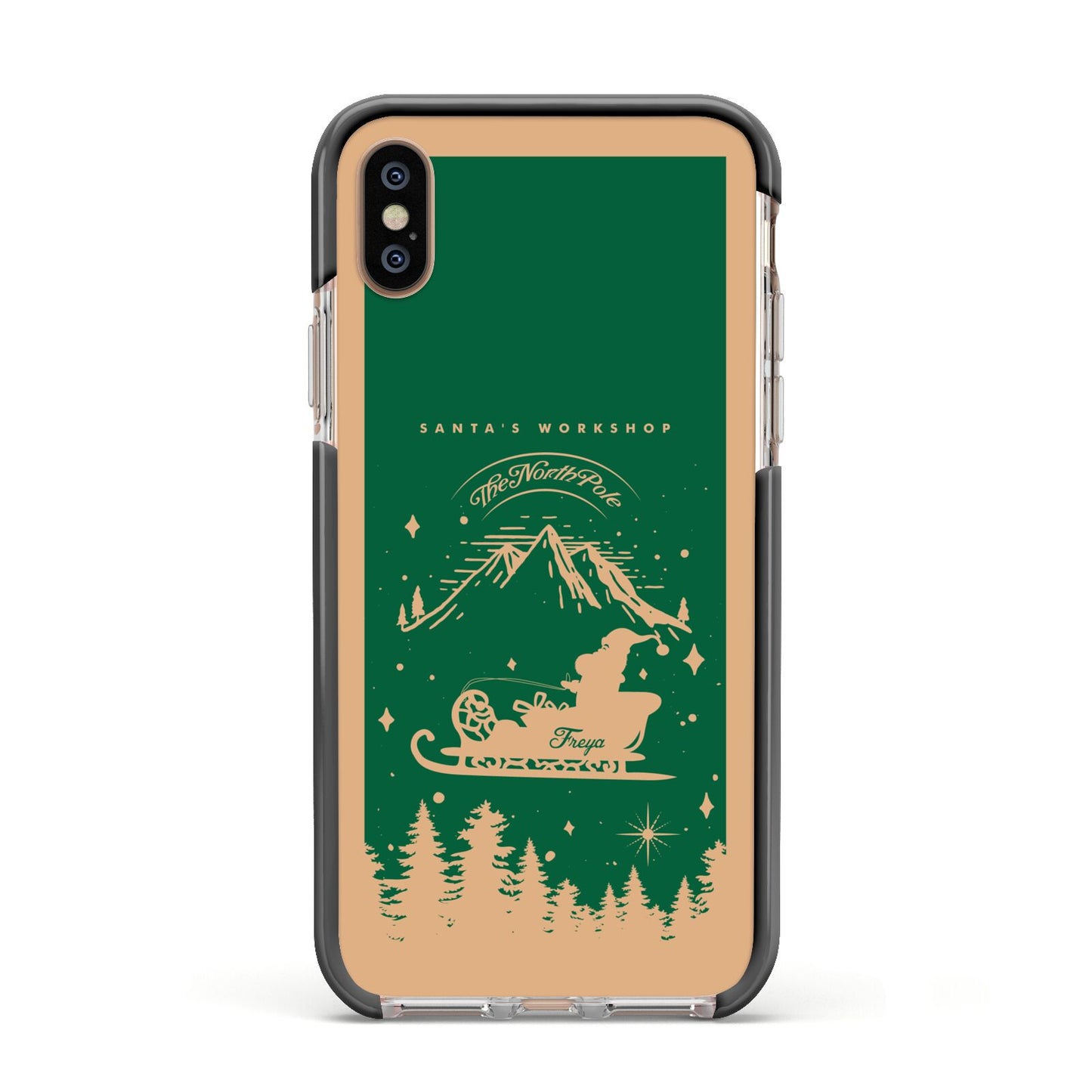 Green Personalised Santas Sleigh Apple iPhone Xs Impact Case Black Edge on Gold Phone