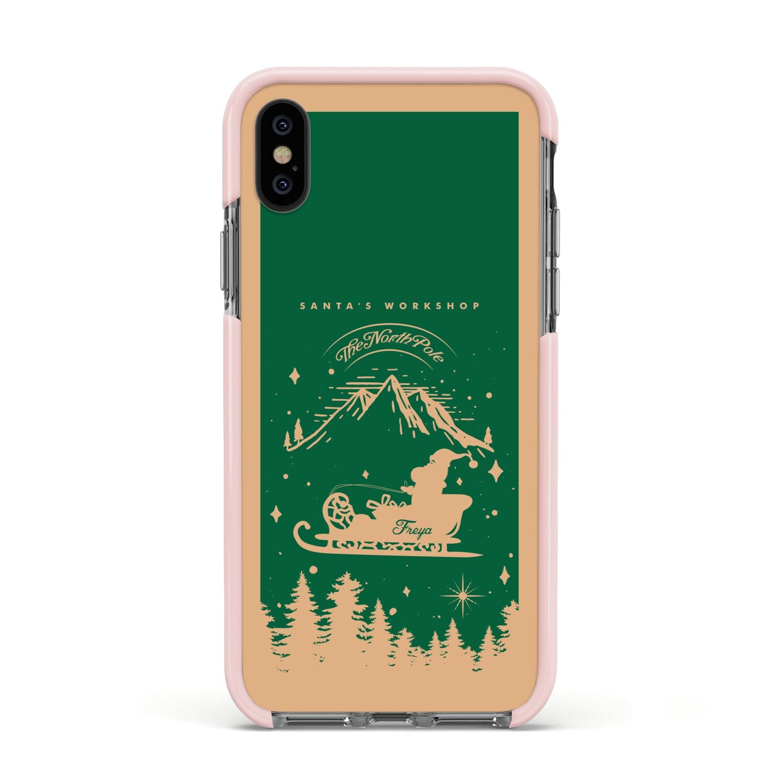 Green Personalised Santas Sleigh Apple iPhone Xs Impact Case Pink Edge on Black Phone