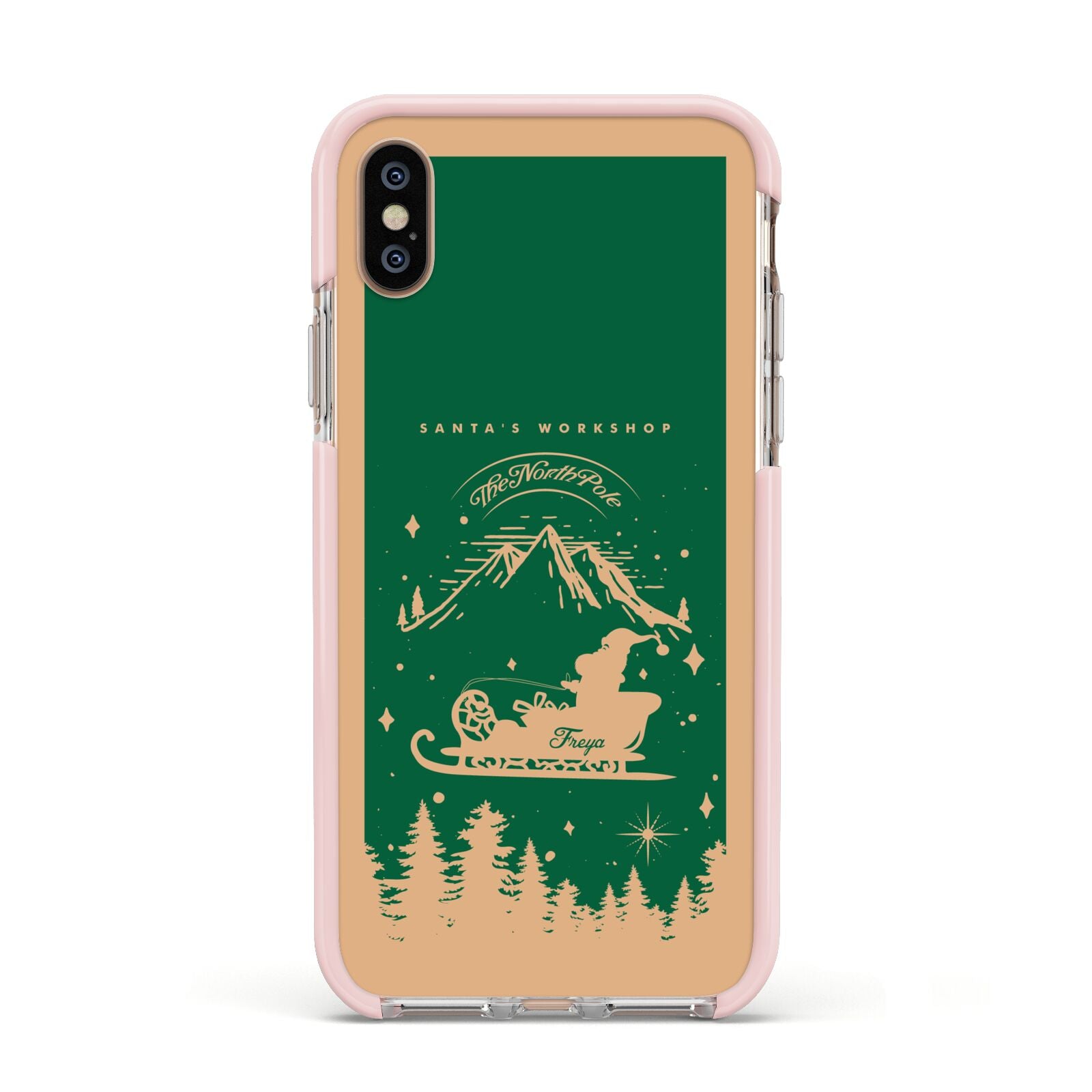 Green Personalised Santas Sleigh Apple iPhone Xs Impact Case Pink Edge on Gold Phone