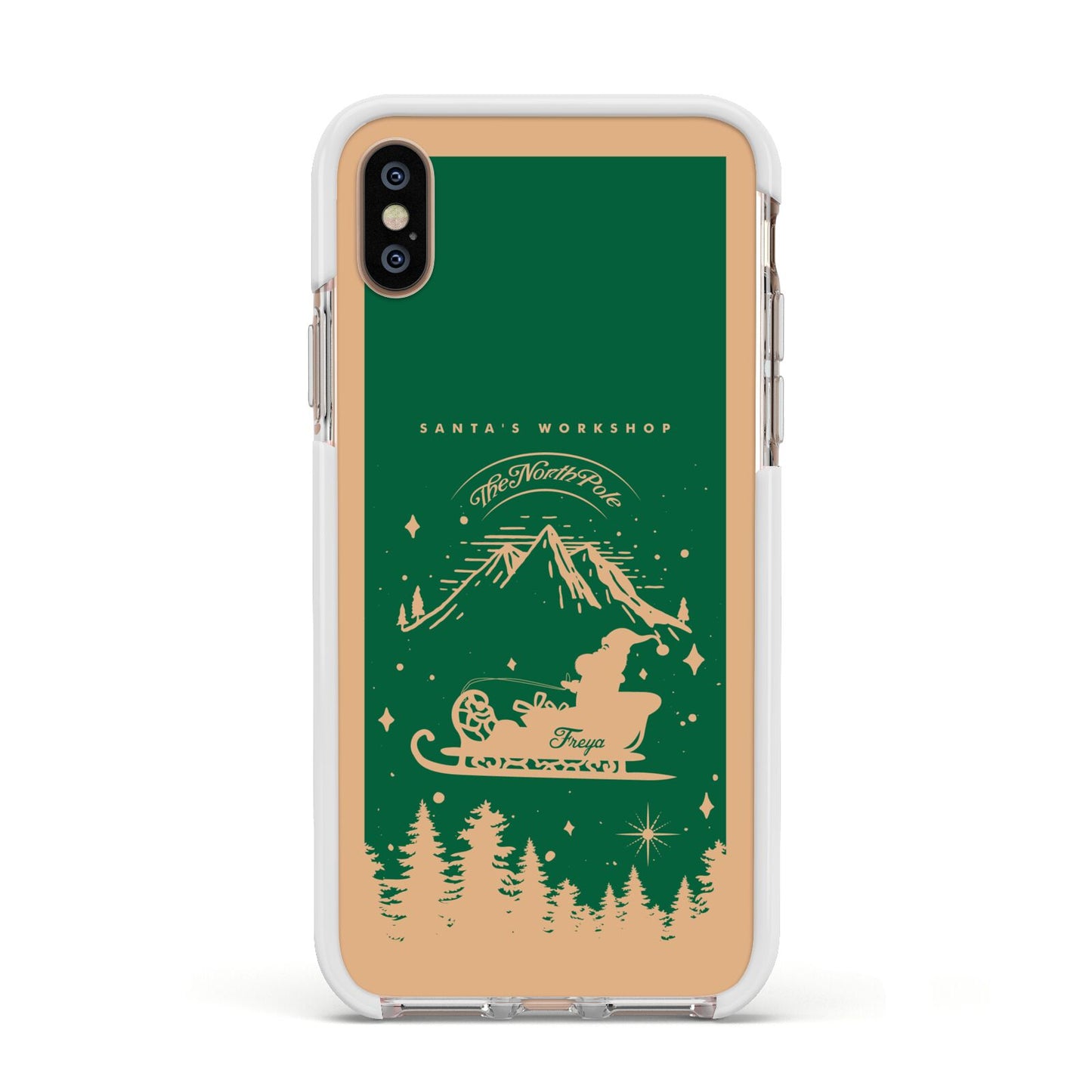 Green Personalised Santas Sleigh Apple iPhone Xs Impact Case White Edge on Gold Phone