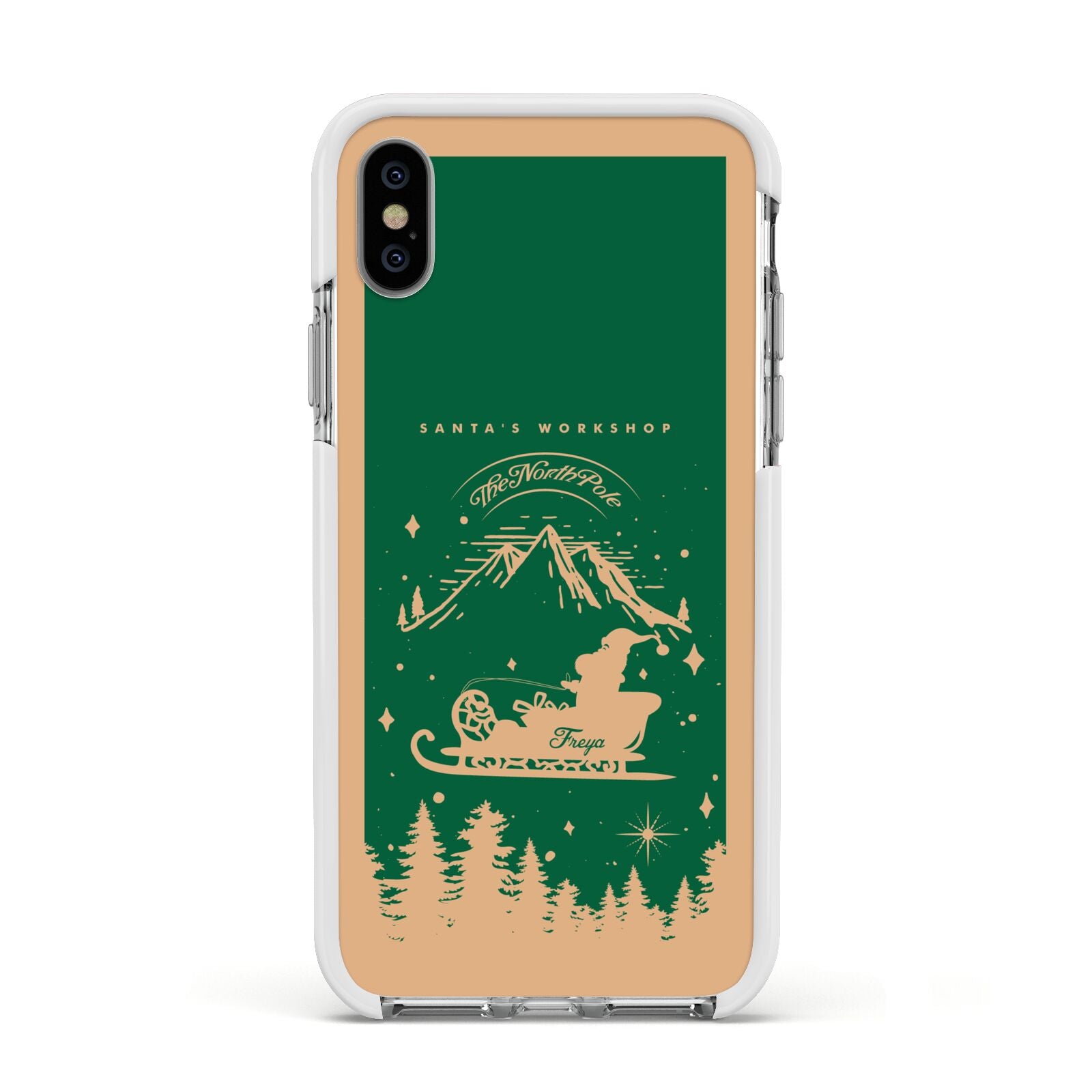 Green Personalised Santas Sleigh Apple iPhone Xs Impact Case White Edge on Silver Phone