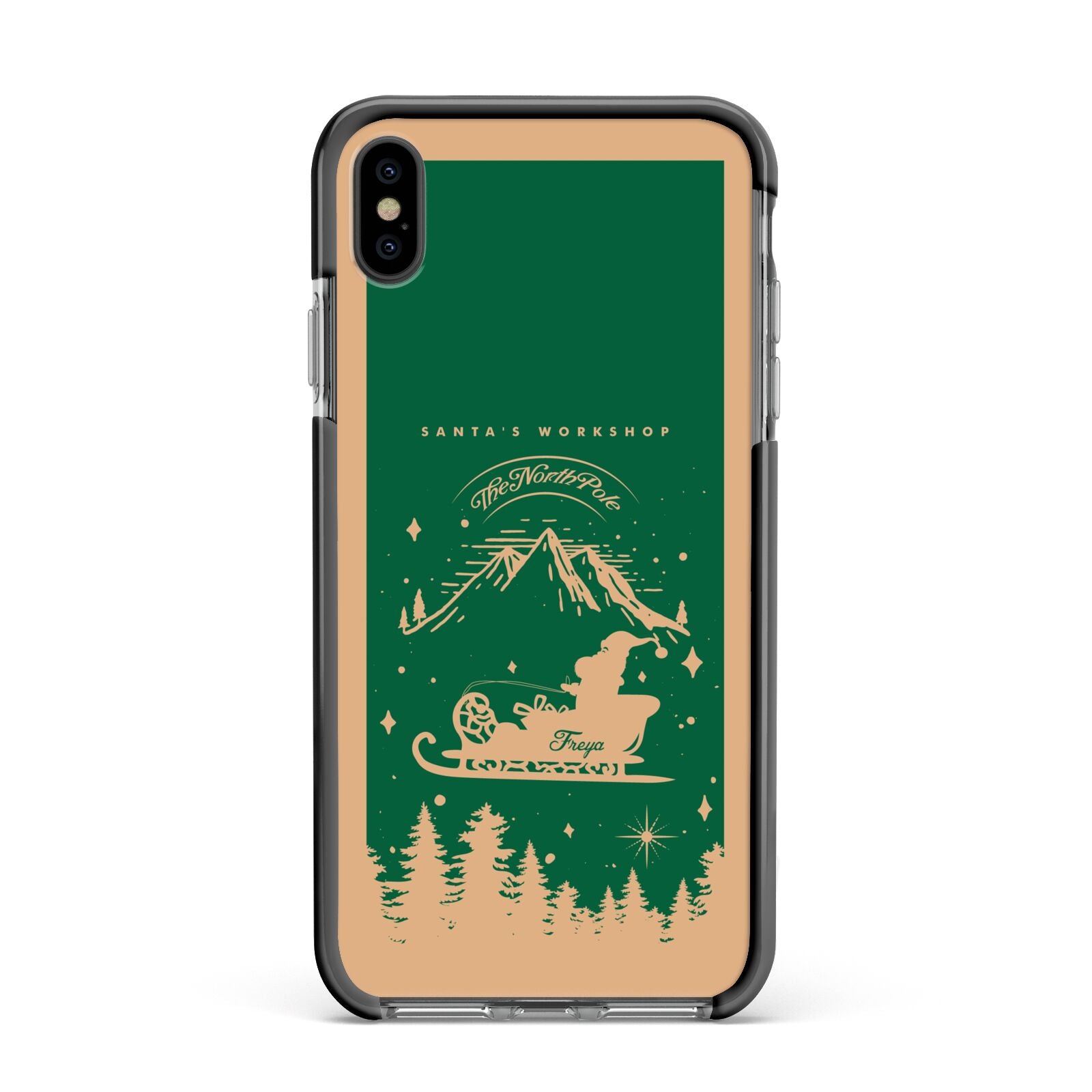 Green Personalised Santas Sleigh Apple iPhone Xs Max Impact Case Black Edge on Black Phone