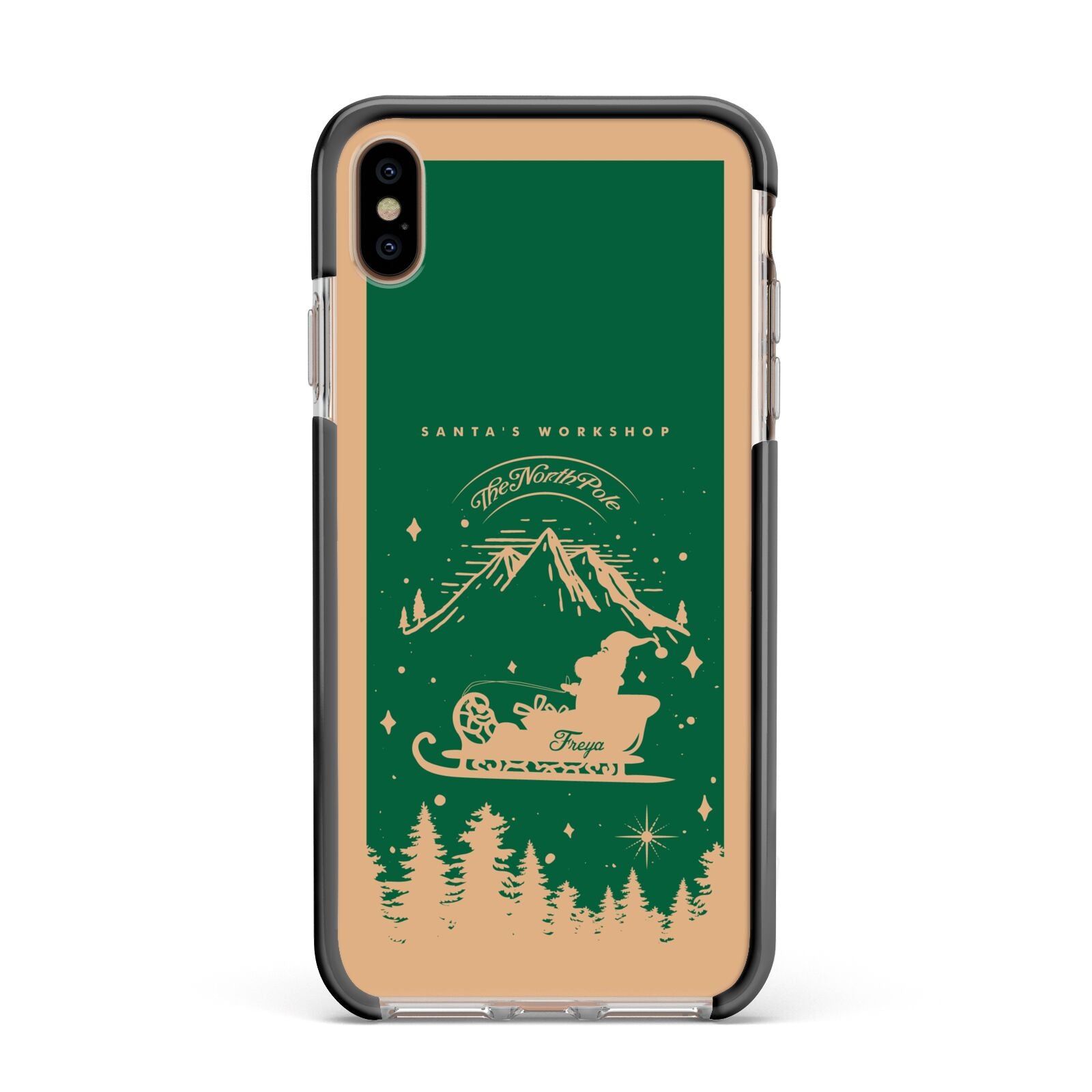 Green Personalised Santas Sleigh Apple iPhone Xs Max Impact Case Black Edge on Gold Phone