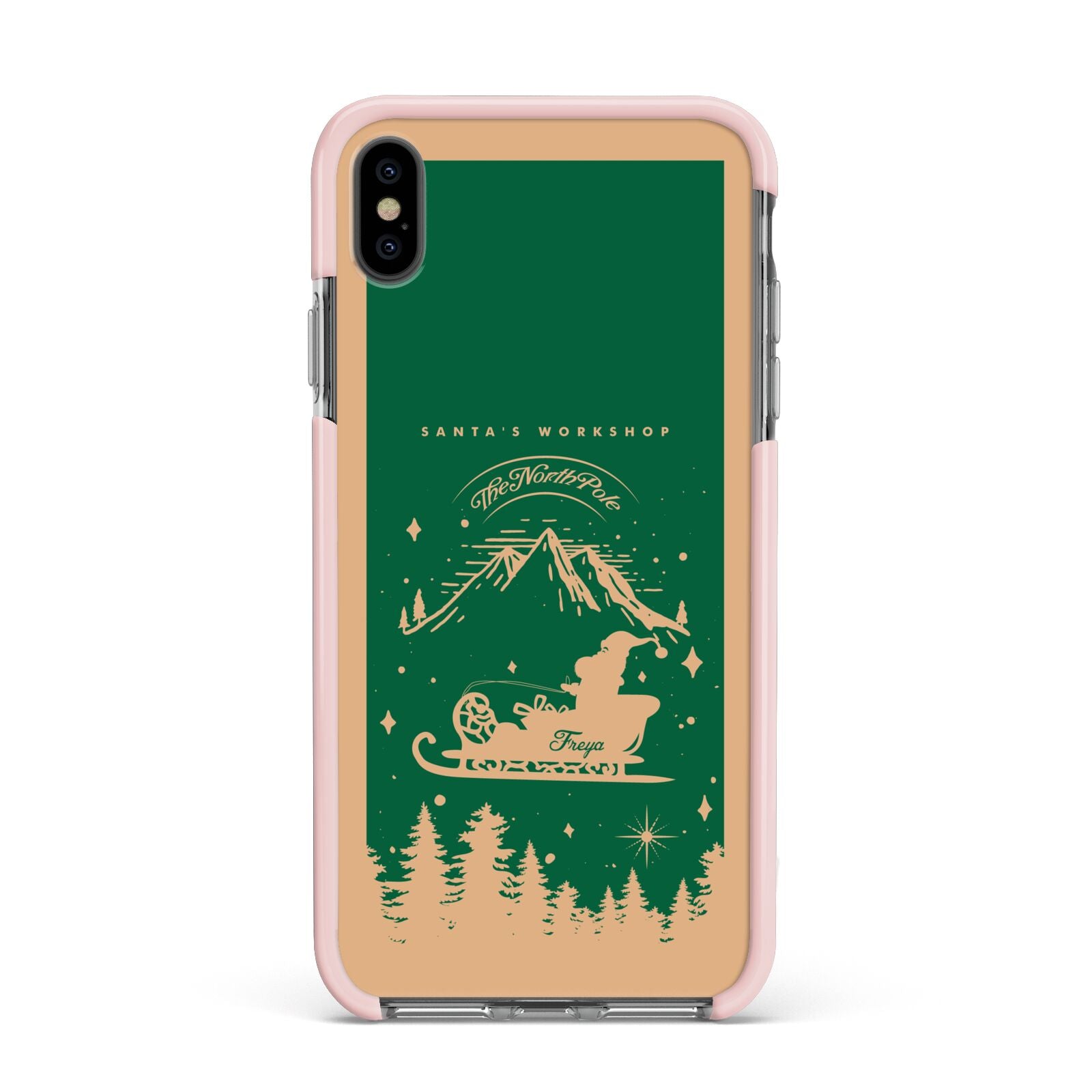 Green Personalised Santas Sleigh Apple iPhone Xs Max Impact Case Pink Edge on Black Phone