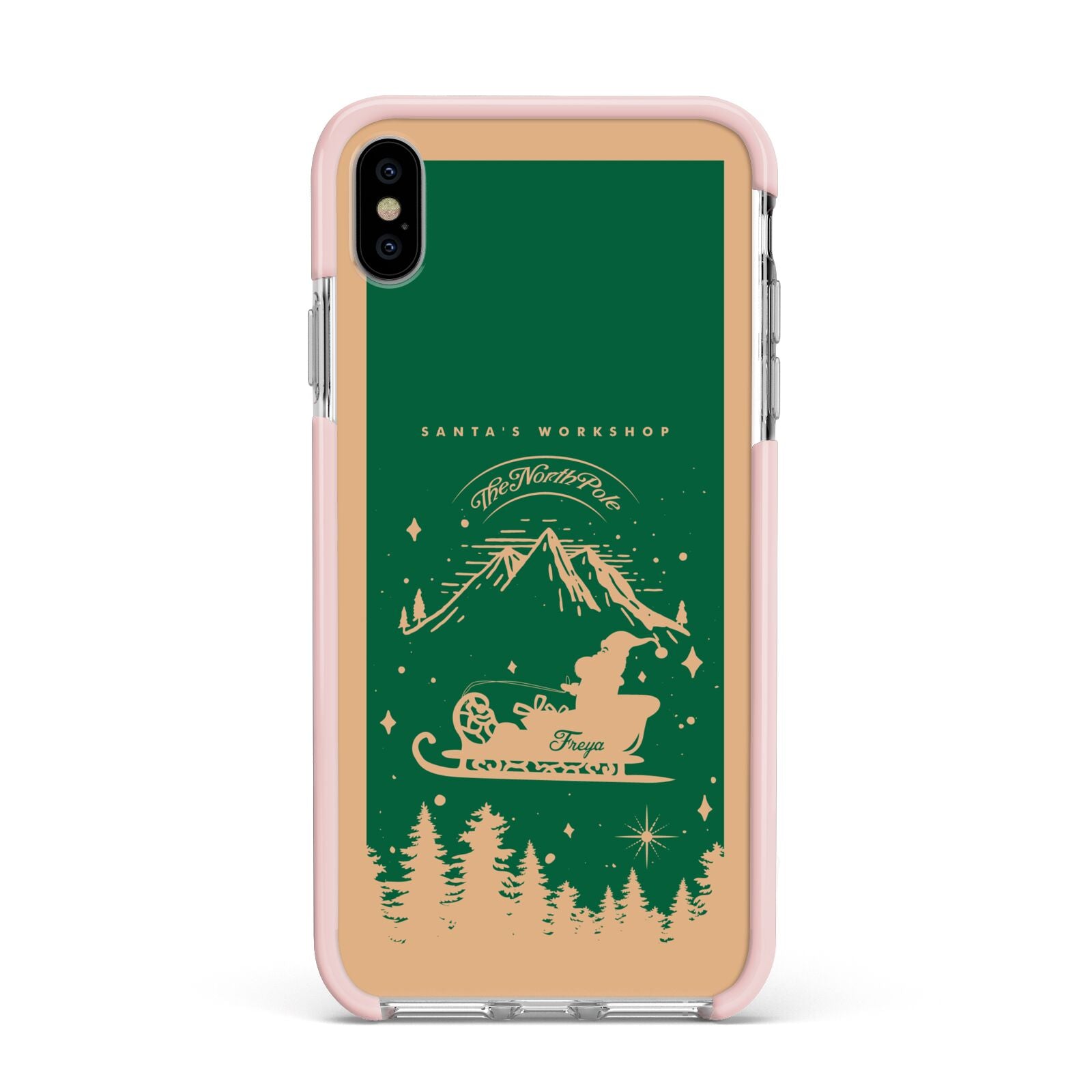 Green Personalised Santas Sleigh Apple iPhone Xs Max Impact Case Pink Edge on Silver Phone