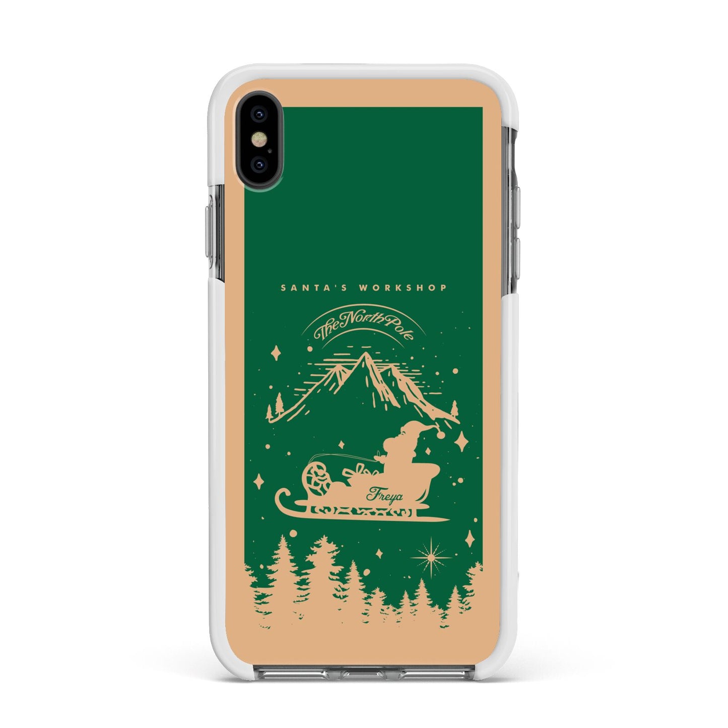 Green Personalised Santas Sleigh Apple iPhone Xs Max Impact Case White Edge on Black Phone