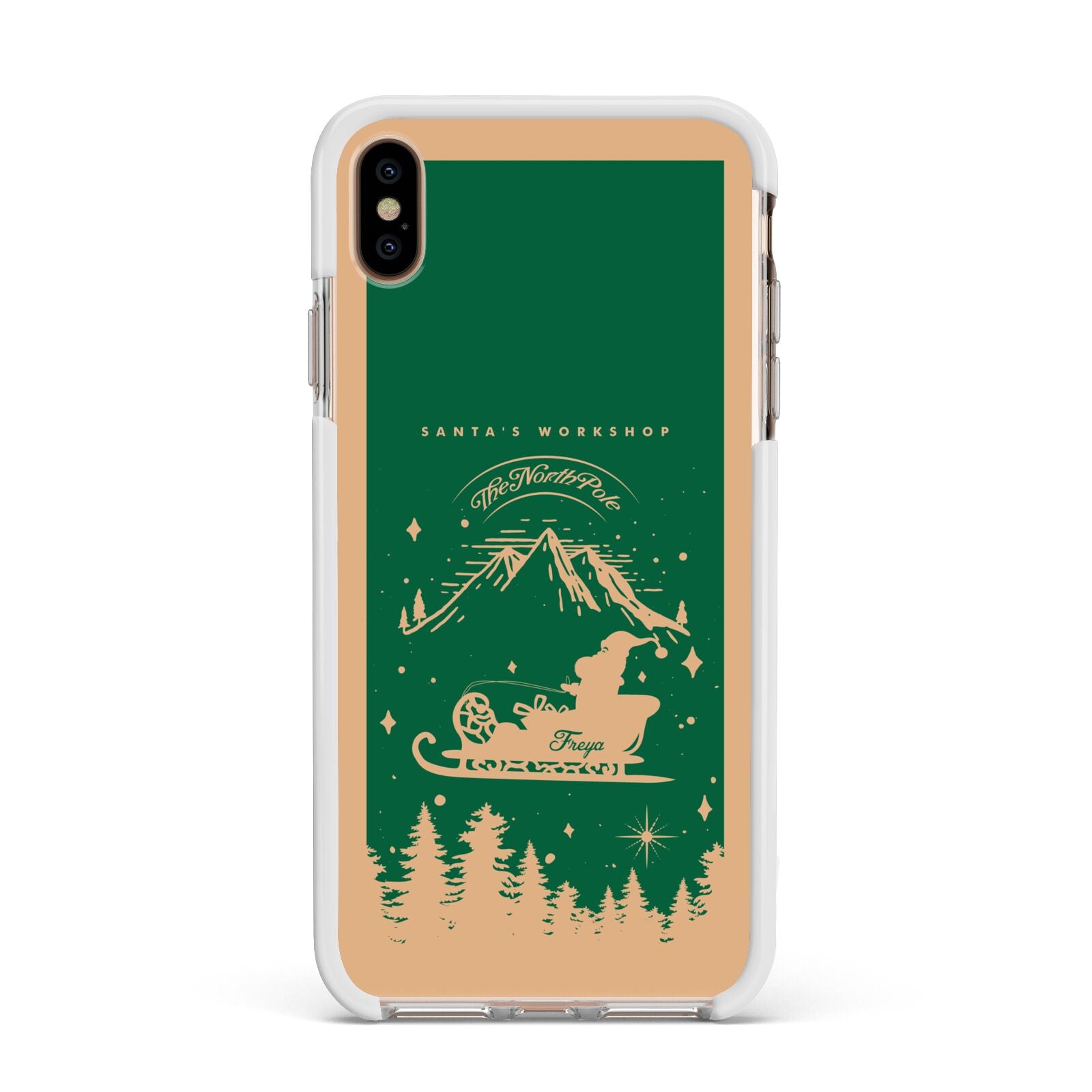 Green Personalised Santas Sleigh Apple iPhone Xs Max Impact Case White Edge on Gold Phone