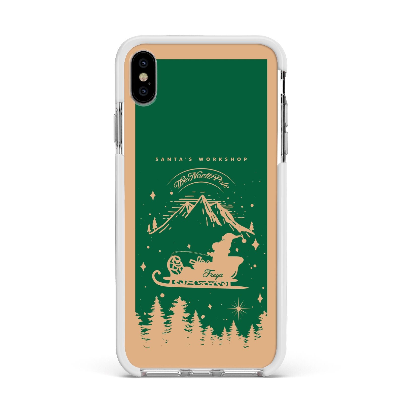 Green Personalised Santas Sleigh Apple iPhone Xs Max Impact Case White Edge on Silver Phone