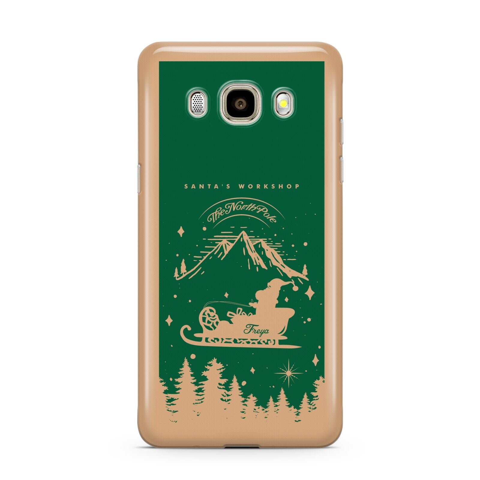 Green Personalised Santas Sleigh Samsung Galaxy J7 2016 Case on gold phone