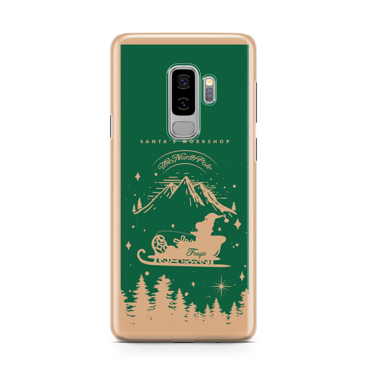 Green Personalised Santas Sleigh Samsung Galaxy S9 Plus Case on Silver phone