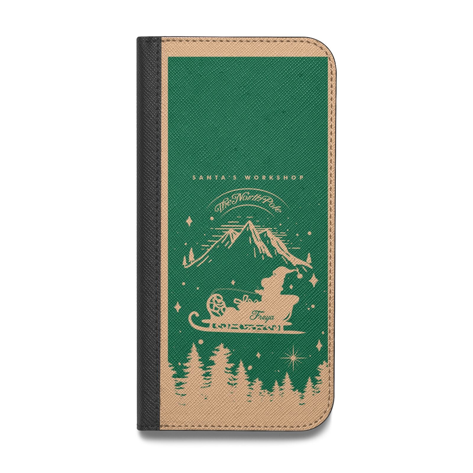 Green Personalised Santas Sleigh Vegan Leather Flip iPhone Case