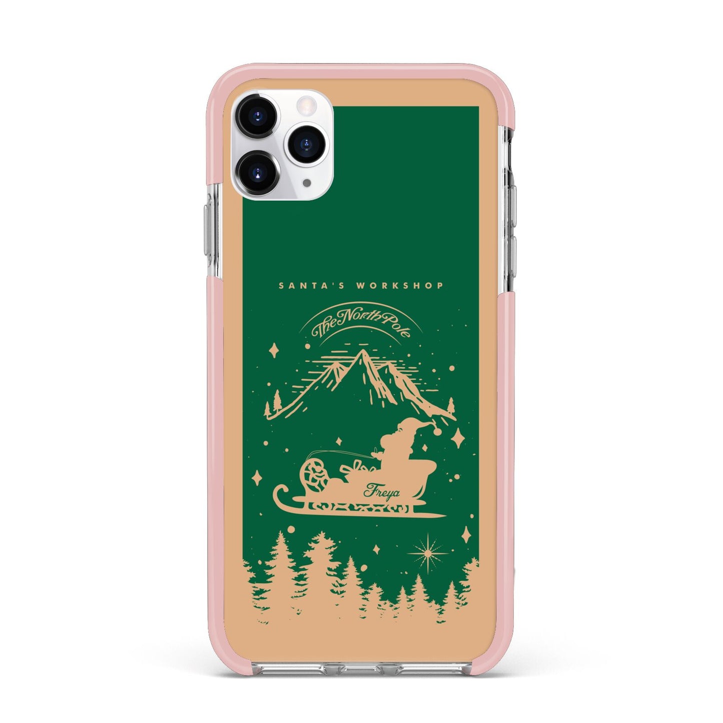 Green Personalised Santas Sleigh iPhone 11 Pro Max Impact Pink Edge Case