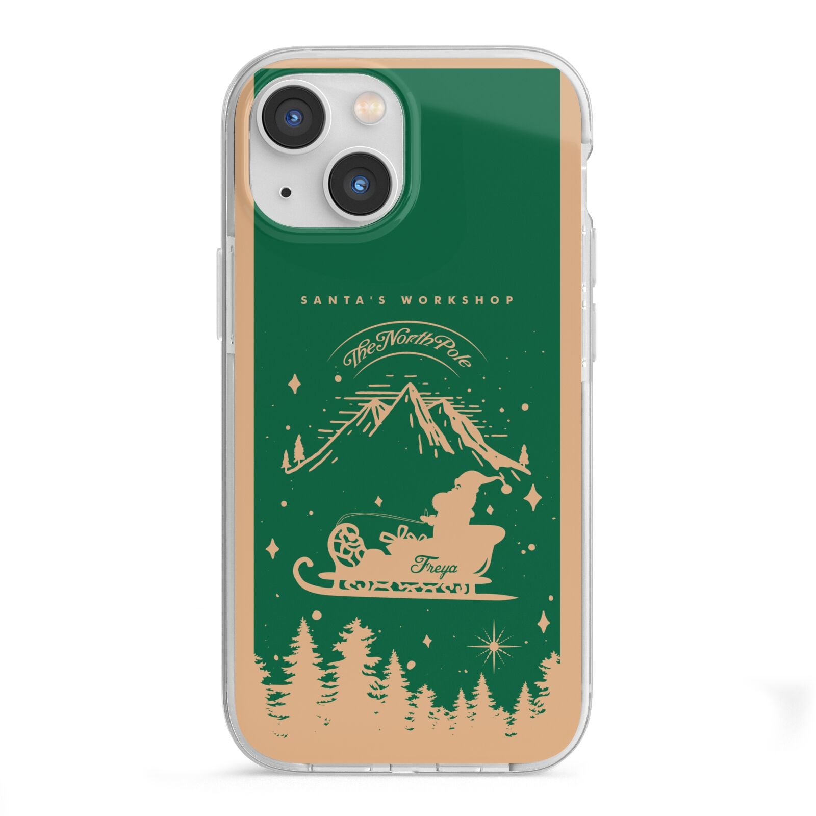 Green Personalised Santas Sleigh iPhone 13 Mini TPU Impact Case with White Edges