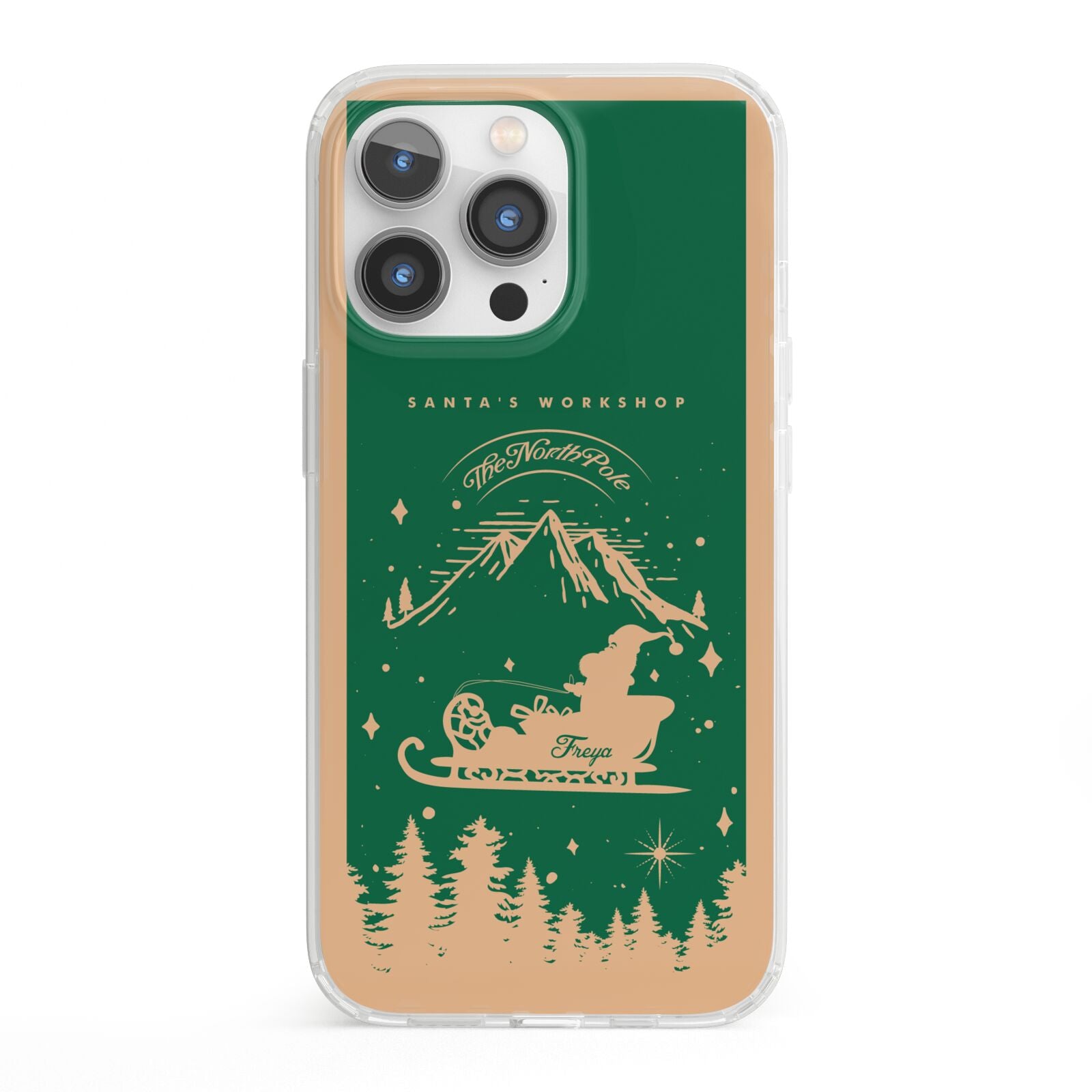 Green Personalised Santas Sleigh iPhone 13 Pro Clear Bumper Case