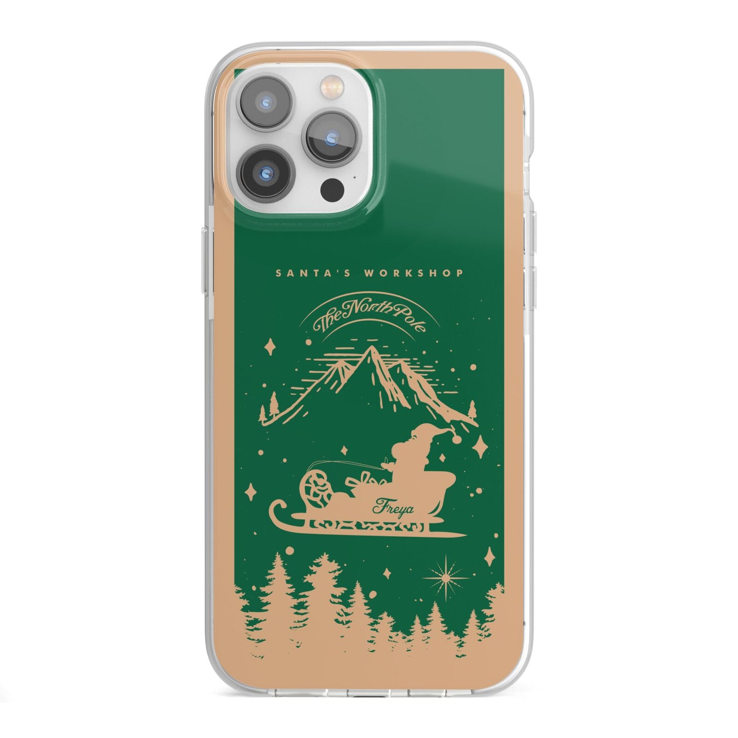 Green Personalised Santas Sleigh iPhone 13 Pro Max TPU Impact Case with White Edges