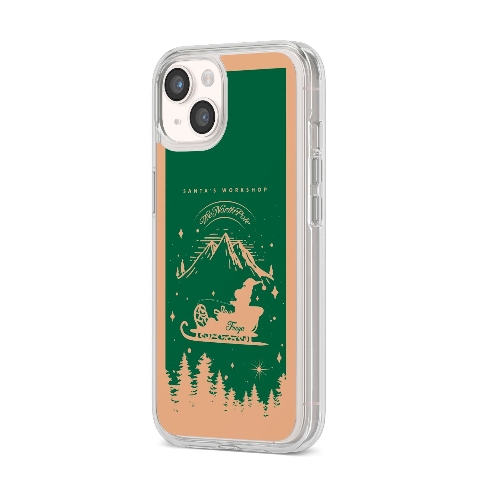 Green Personalised Santas Sleigh iPhone 14 Clear Tough Case Starlight Angled Image