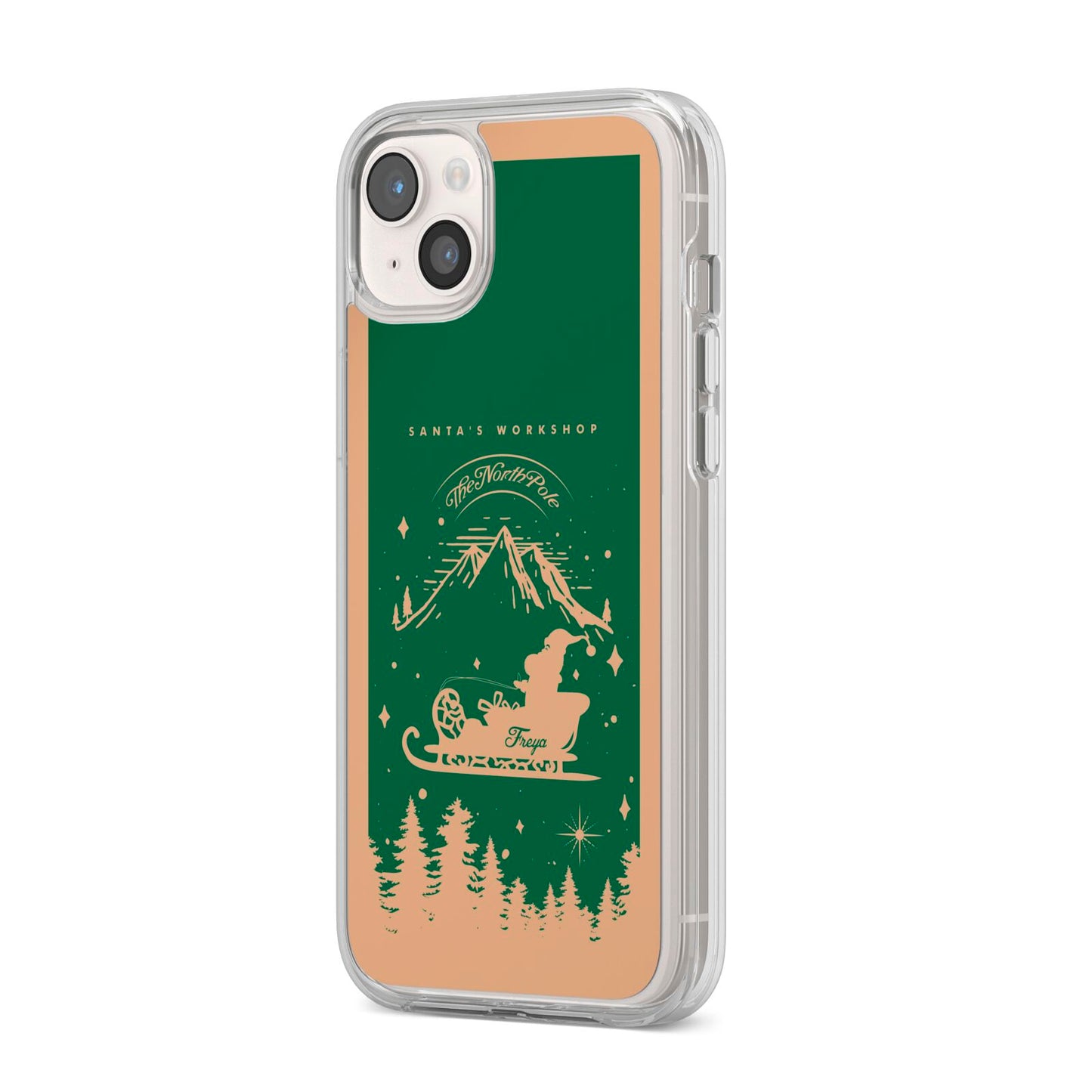 Green Personalised Santas Sleigh iPhone 14 Plus Clear Tough Case Starlight Angled Image