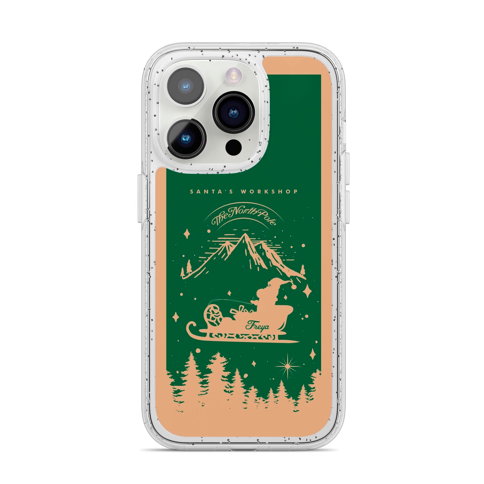 Green Personalised Santas Sleigh iPhone 14 Pro Glitter Tough Case Silver