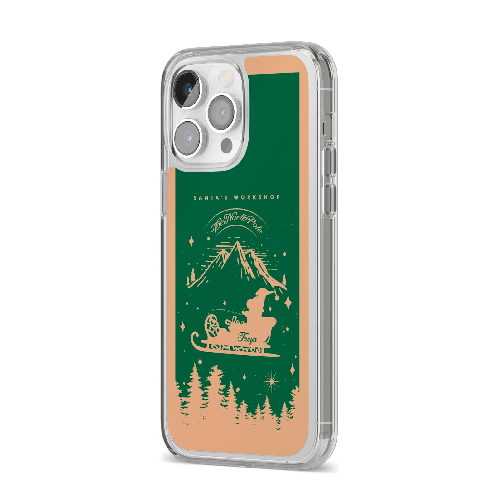 Green Personalised Santas Sleigh iPhone 14 Pro Max Clear Tough Case Silver Angled Image