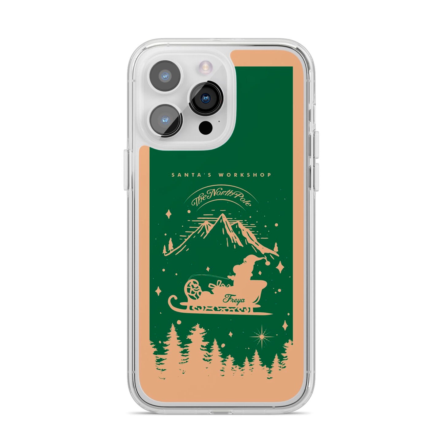 Green Personalised Santas Sleigh iPhone 14 Pro Max Clear Tough Case Silver